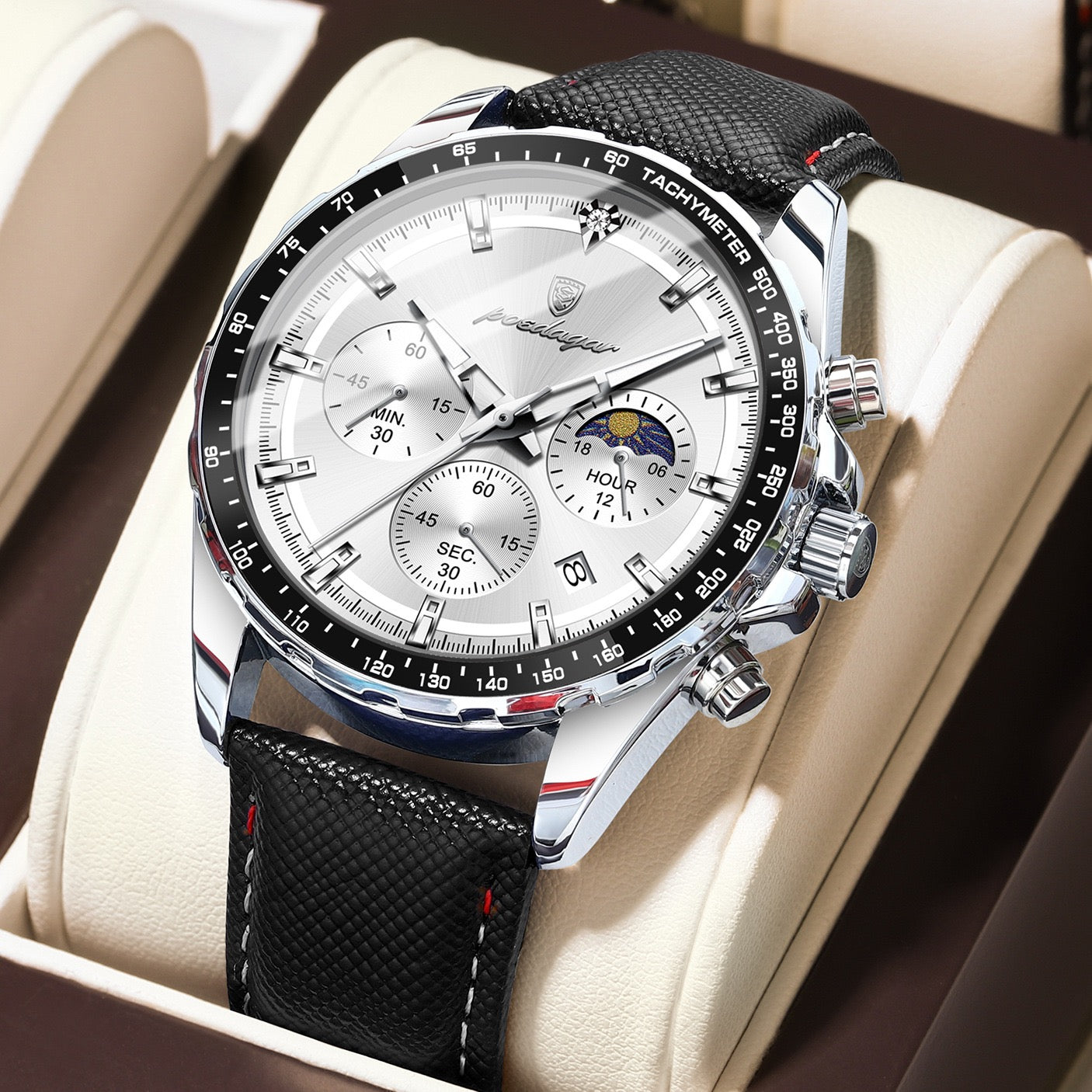 Axel Chronograph Leather Strap Wristwatch - Black/Silver/White