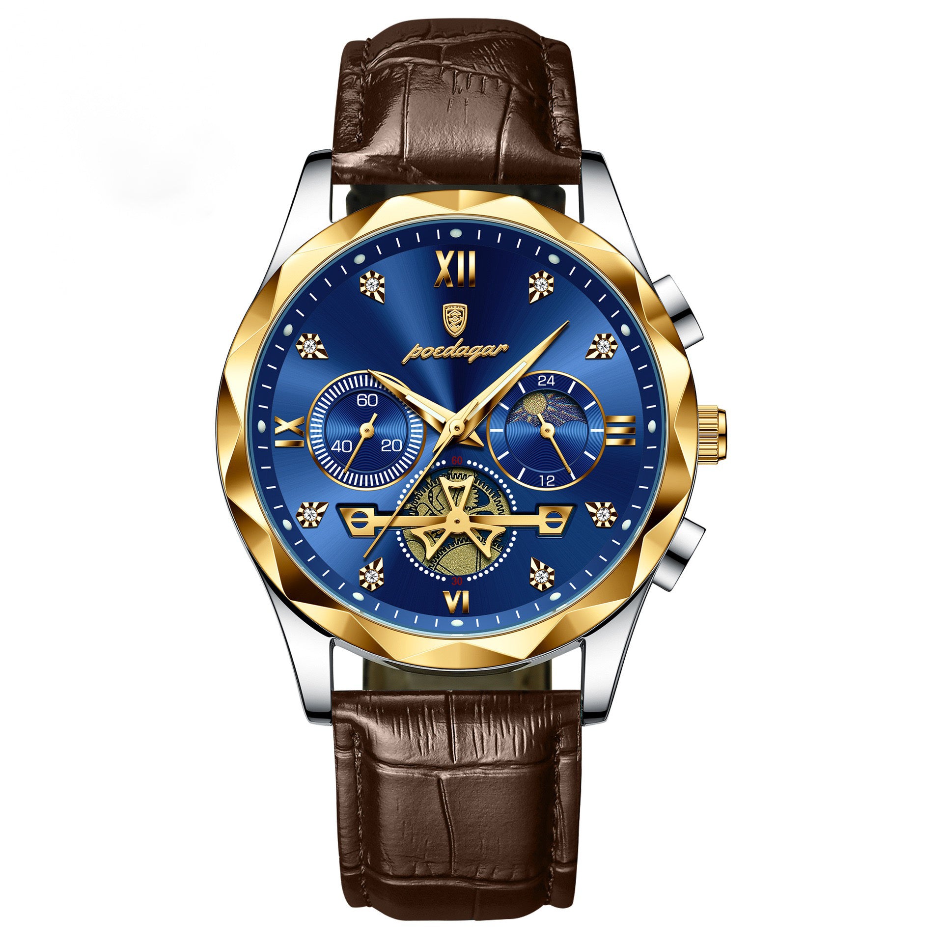 Andrew Chronograph Leather Strap Wristwatch - Brown/Blue/Gold