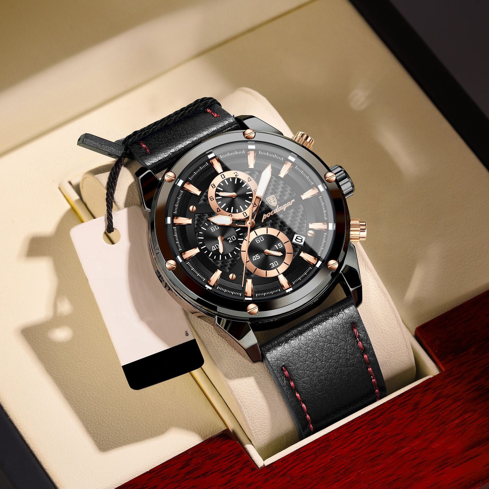 Azriel Chronograph Leather Strap Wristwatch - Black/Rose Gold