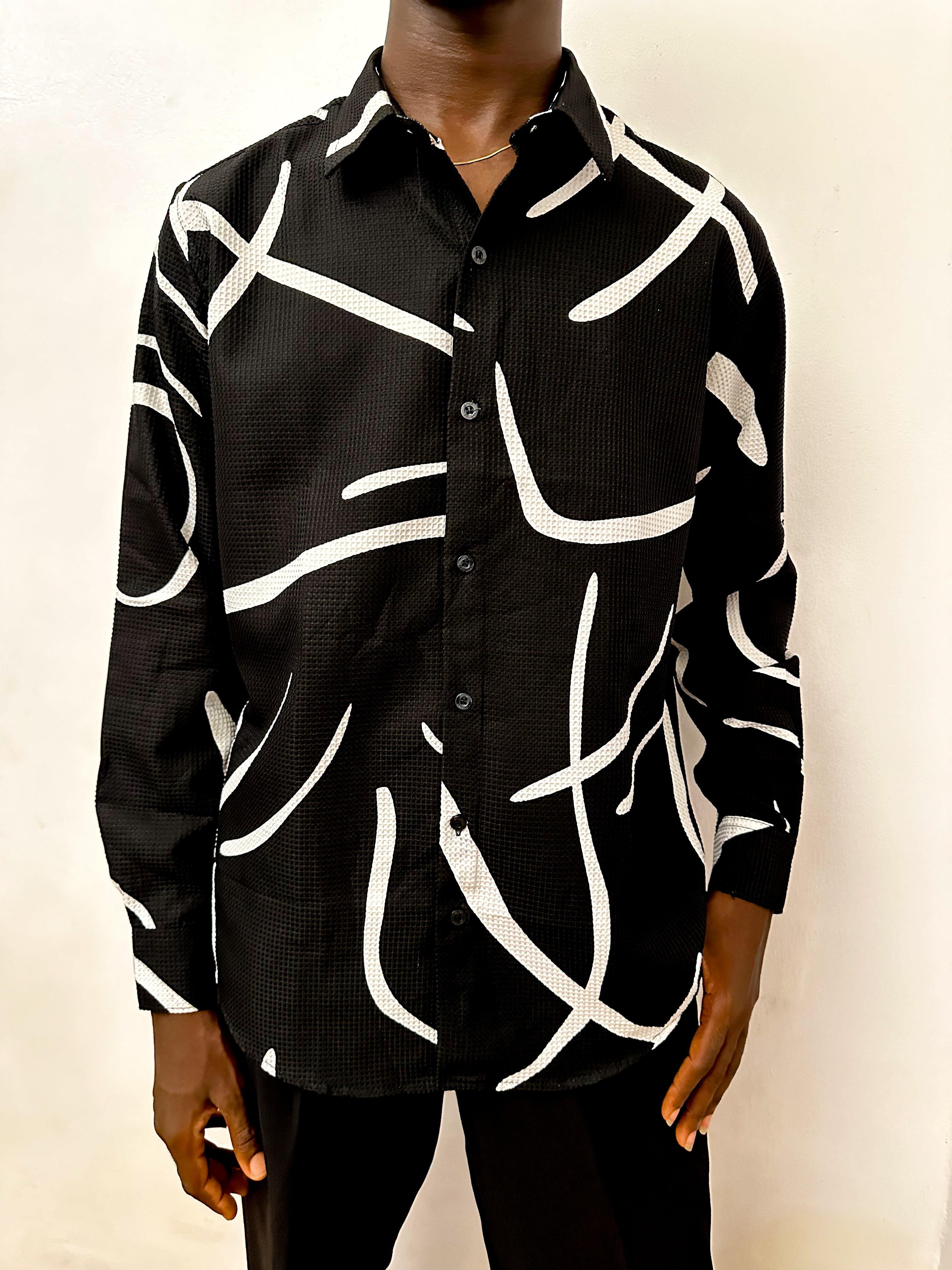 Cedric Doodle Waffle Print Longsleeve Shirt - Black