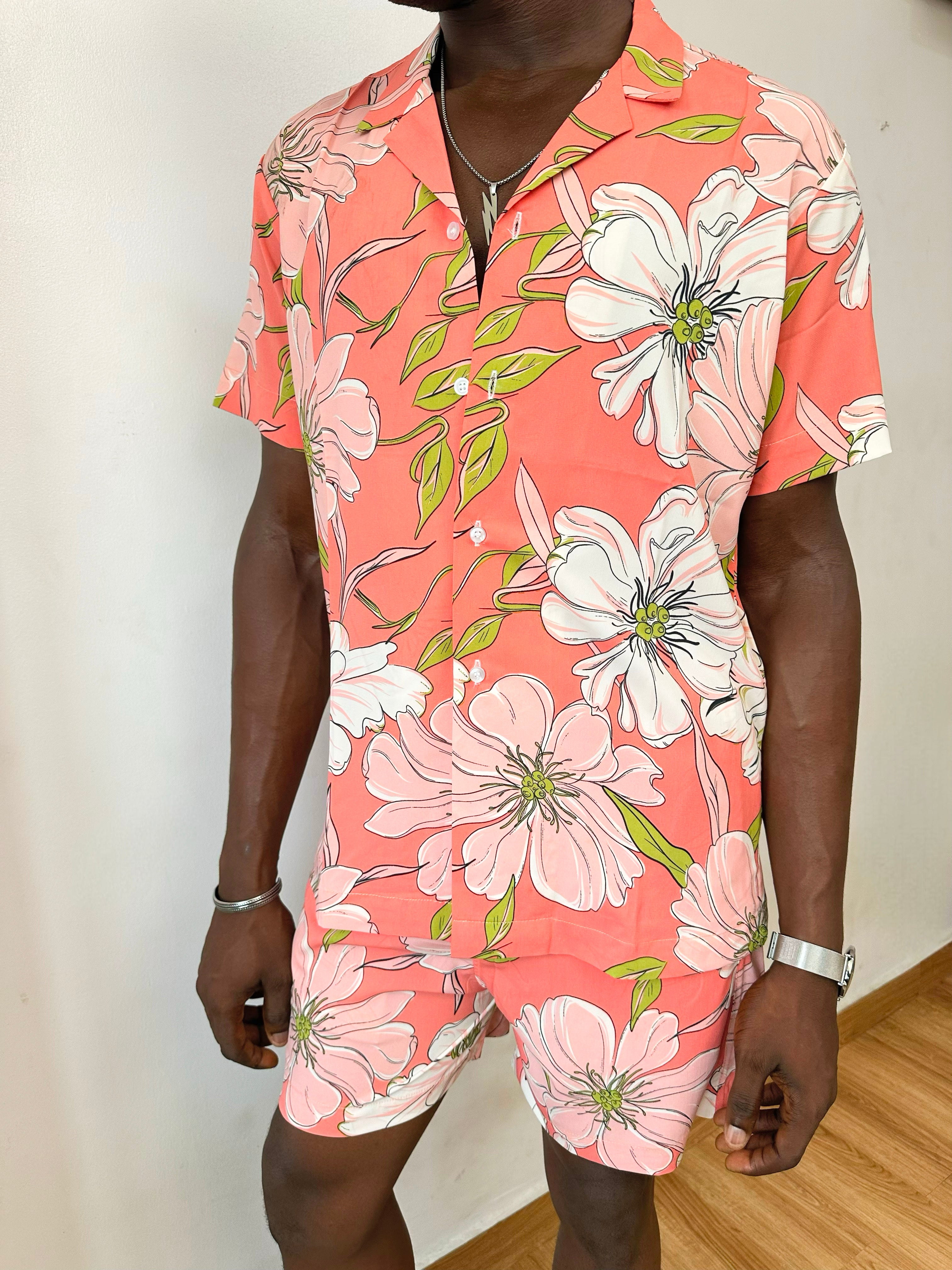 Cai Relaxed Abstract Flower Print Two Piece Set (Cuban Shirt & Short)