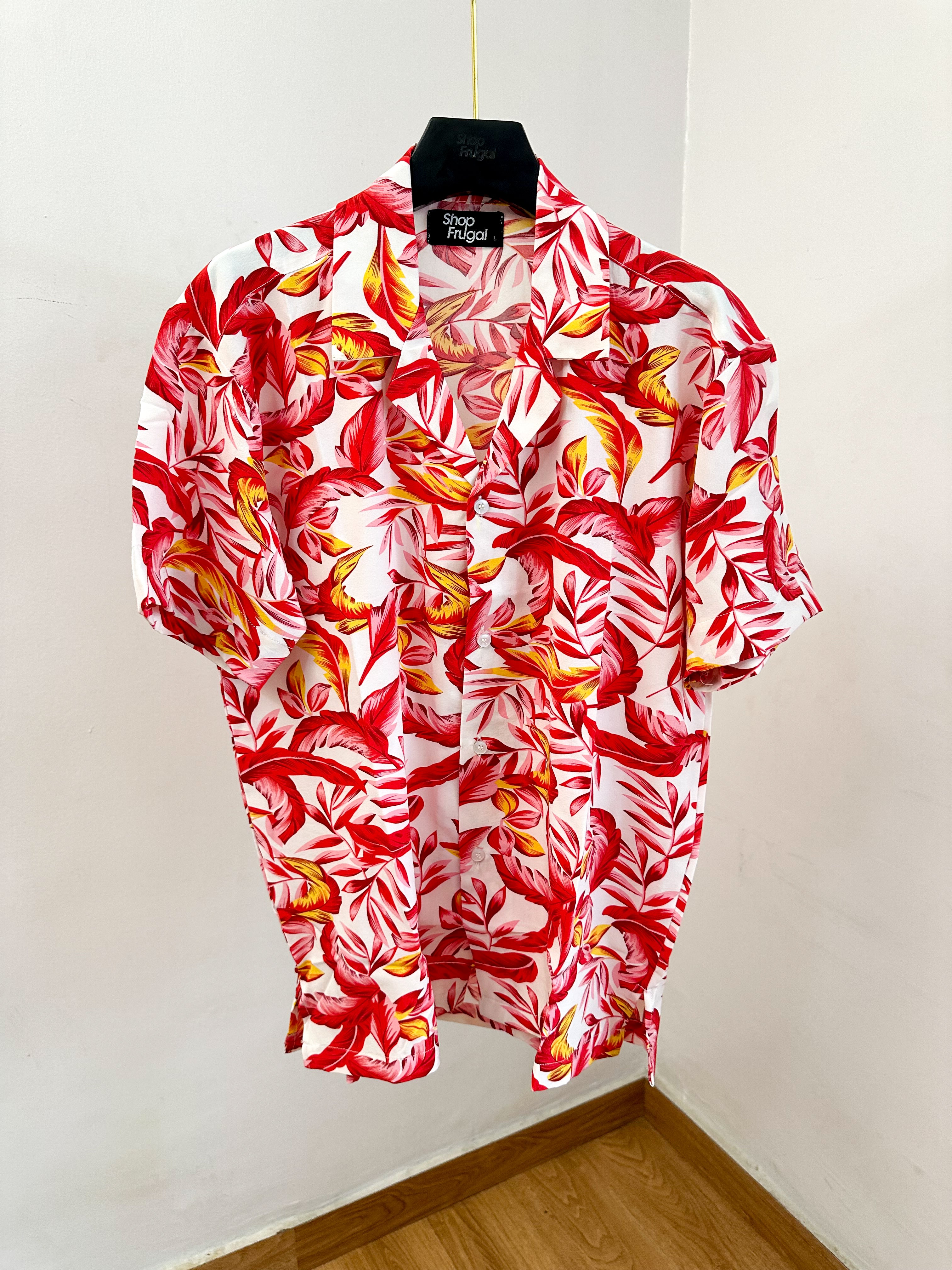 Clair Relaxed Abstract Floral Print Cuban Cropfit Shirt - Red