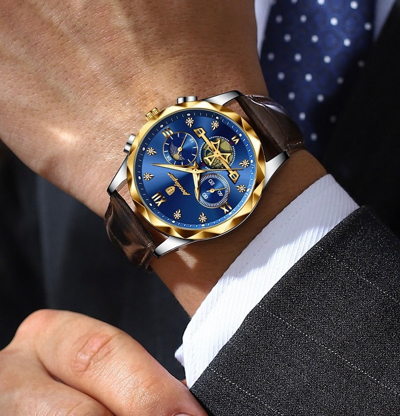 Andrew Chronograph Leather Strap Wristwatch - Brown/Green/Gold