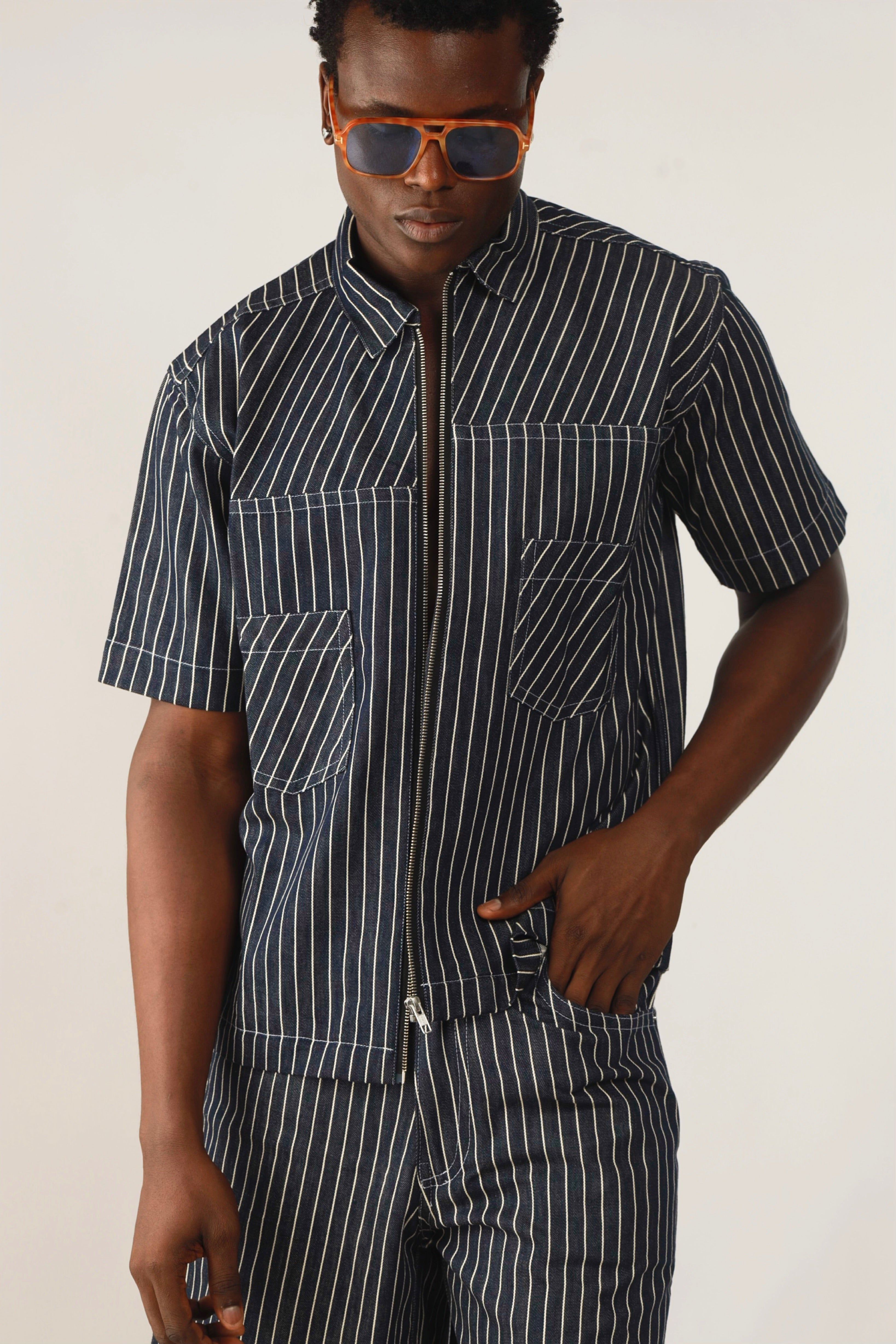 Claire Stripe Denim Zipper Shirt Jacket