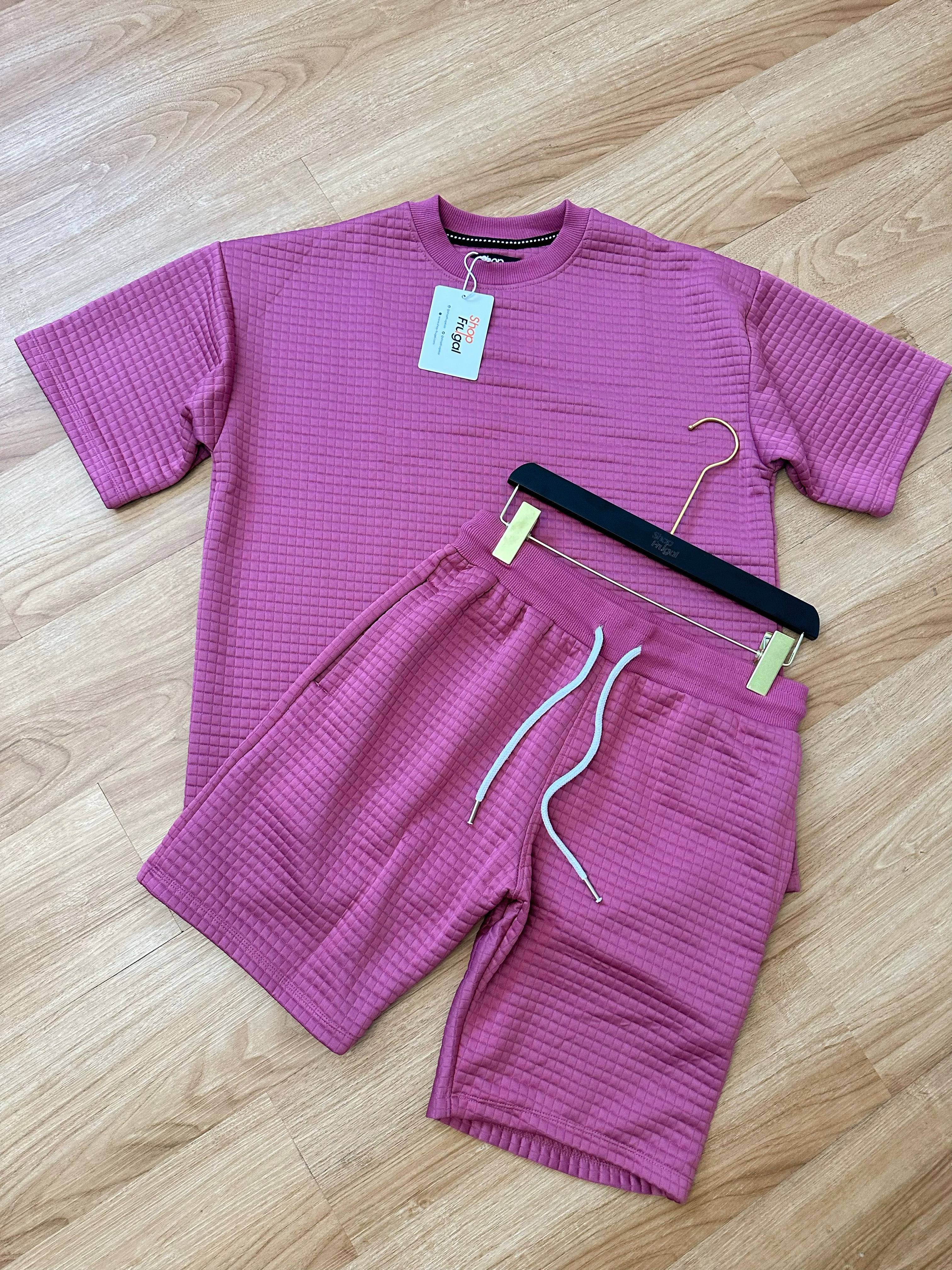 Carly Waffle Knit Boxy Fit Cotton Two Piece Set - (Tshirt & Short)