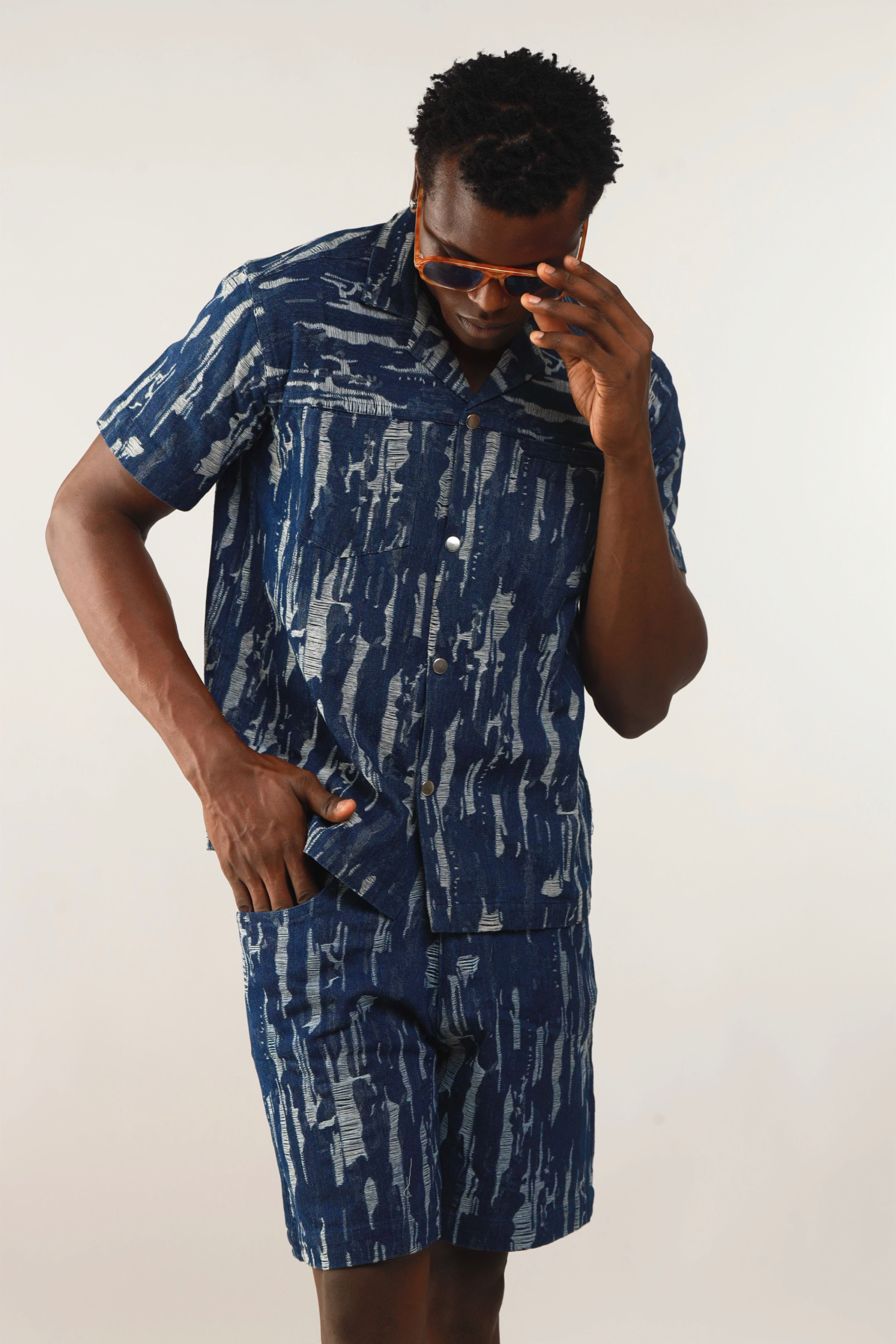 Cairo Distressed Denim Cuban Shirt & Short/Jort (Two-Piece Set)-14