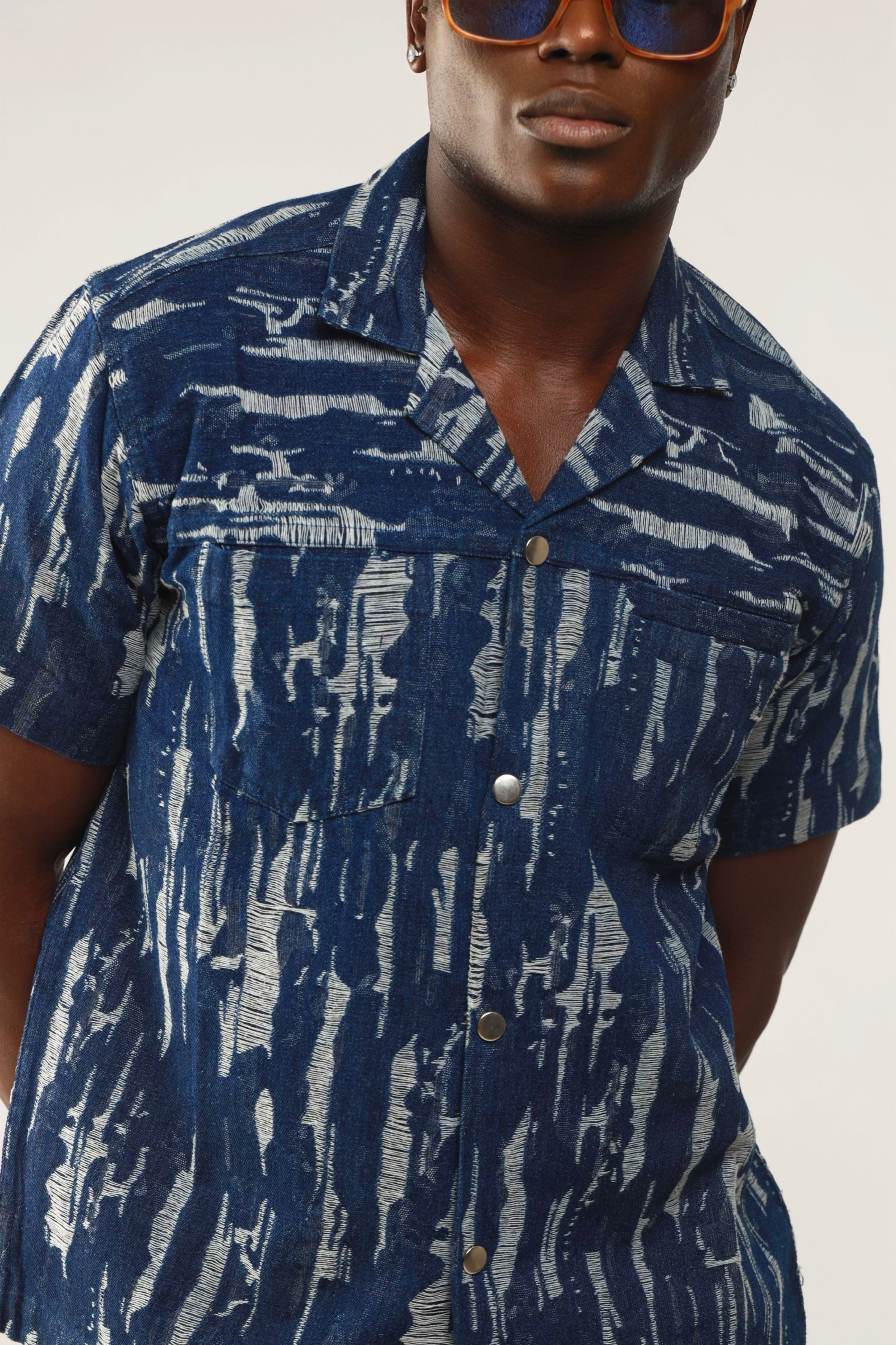 Cairo Distressed Denim Cuban Shirt & Short/Jort (Two-Piece Set)