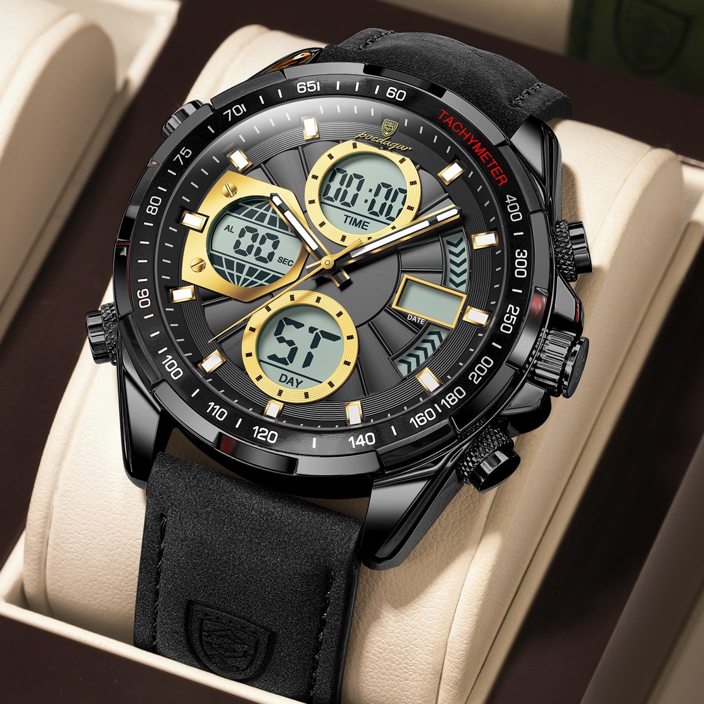 Antoine Chronograph Leather Strap Wristwatch - Black/Gold