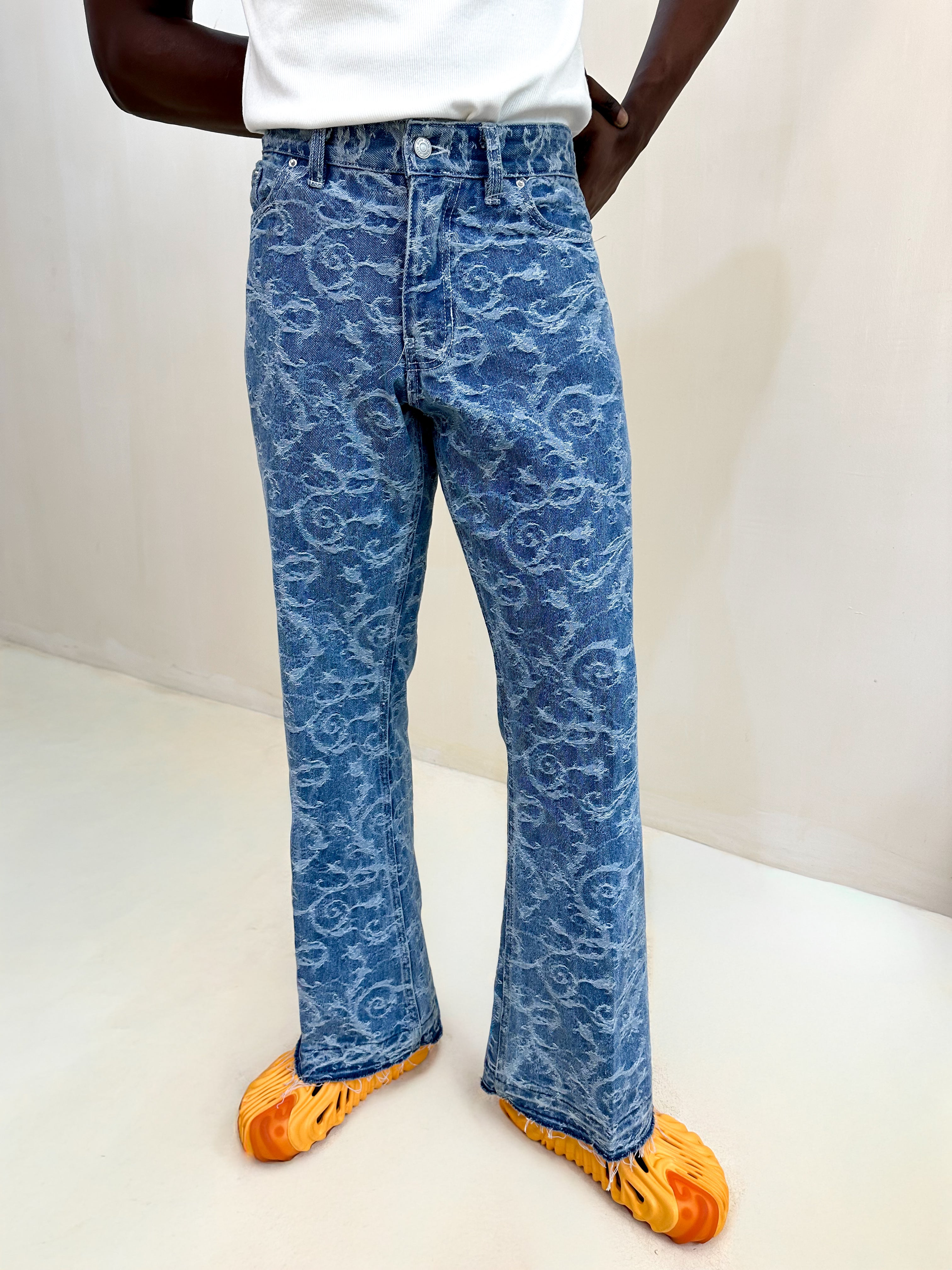 Ciela Jacquard Relaxed Flared Raw Hem Jeans