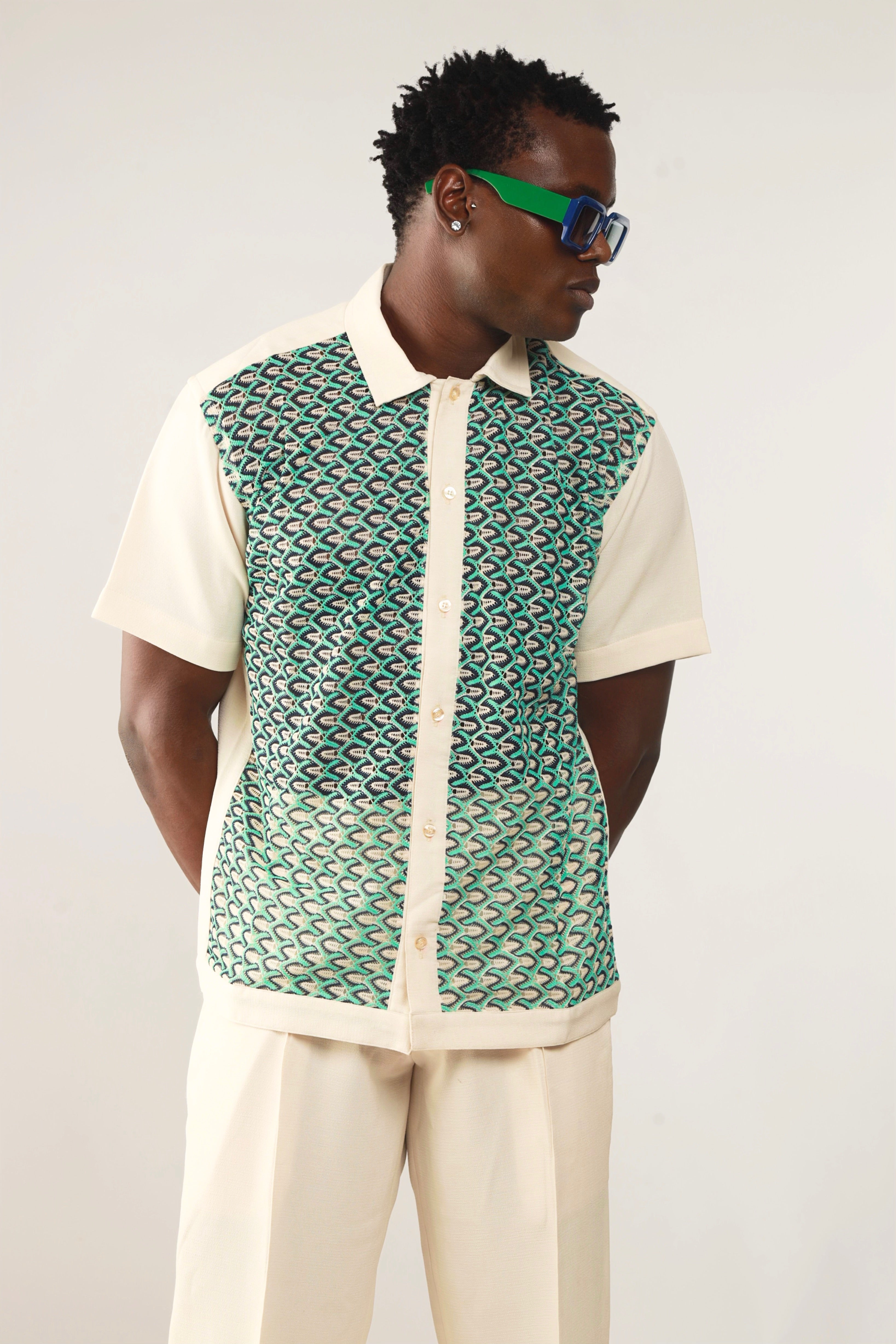 Cleo Resort Lace Print Shirt - Oatmeal/Green