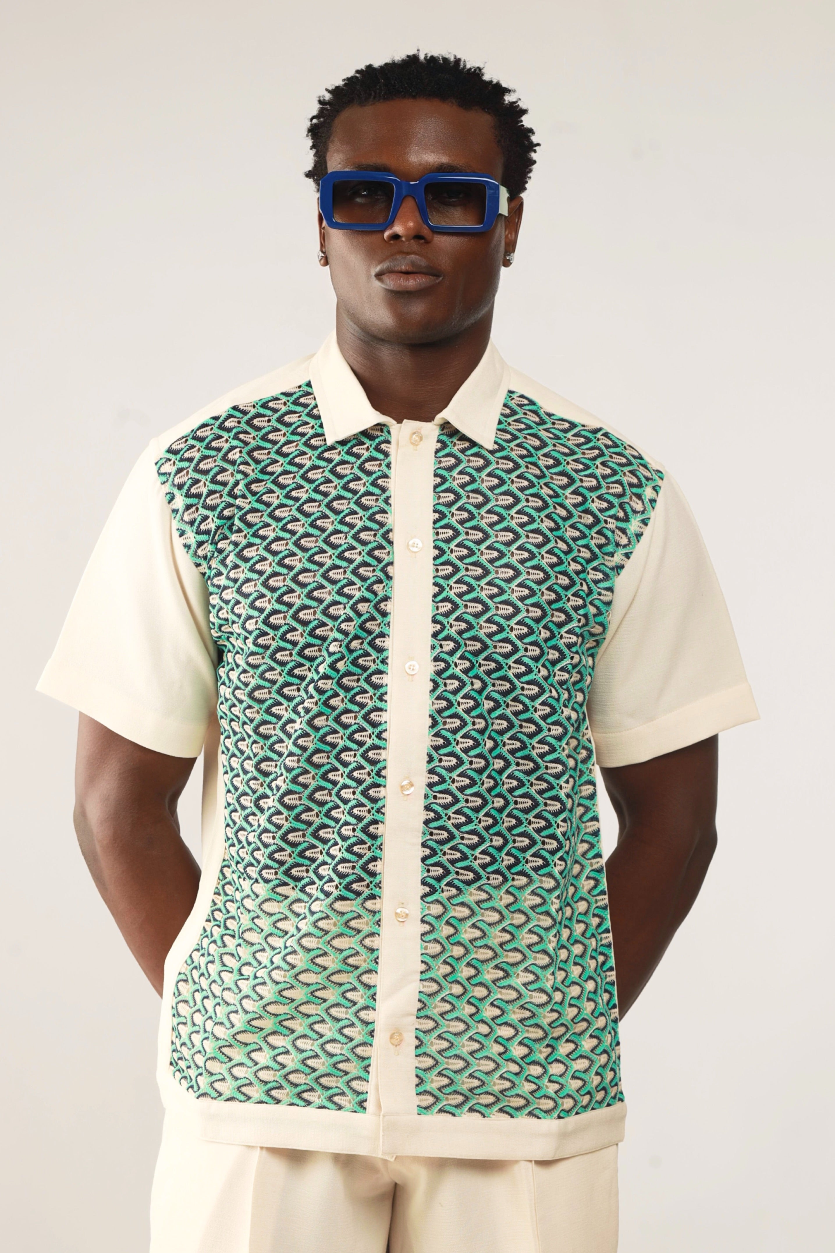 Cleo Resort Lace Print Shirt - Oatmeal/Green