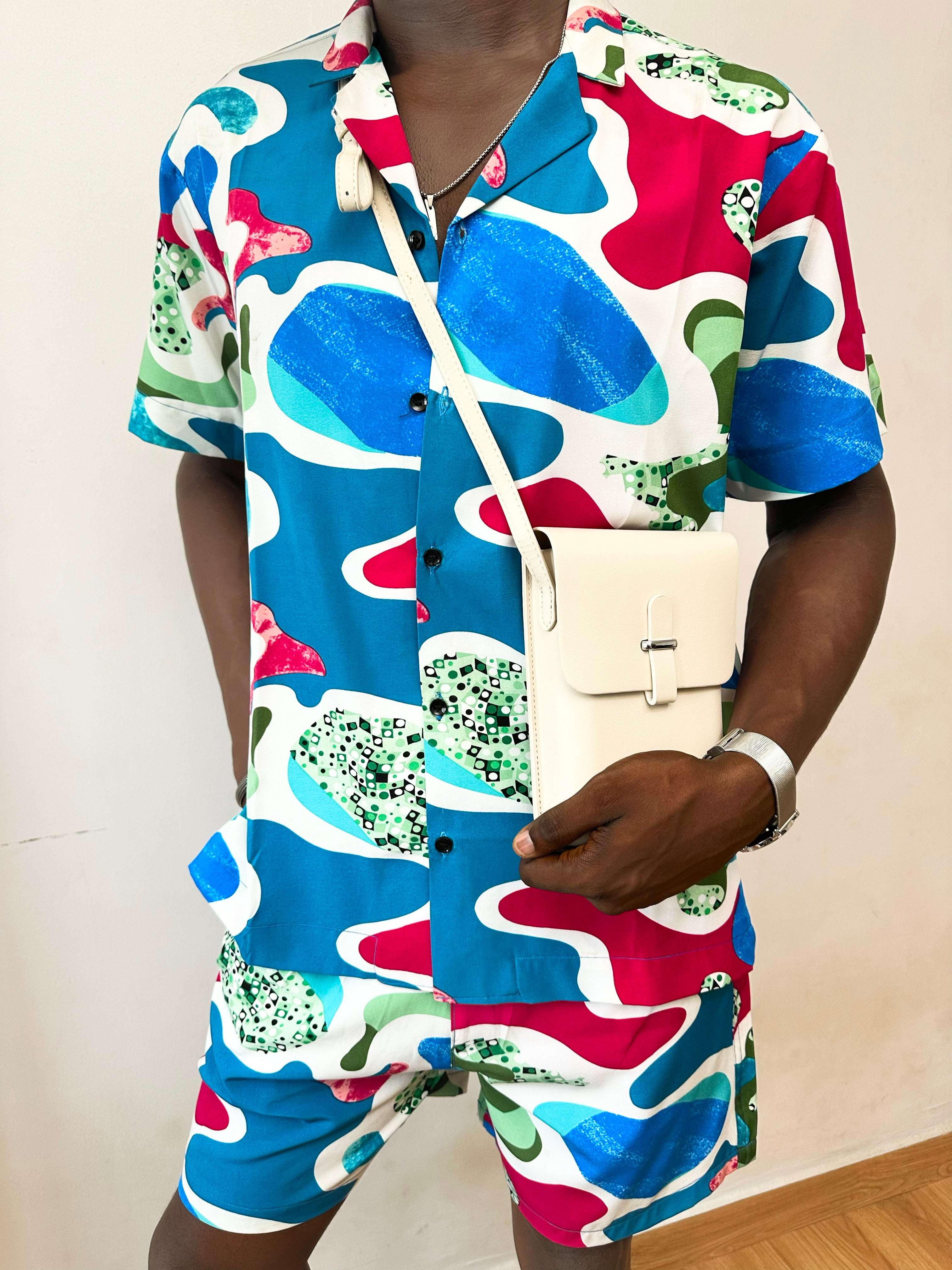 Cortez Relaxed Abstract Print Two-Piece Set (Cuban Shirt & Short)