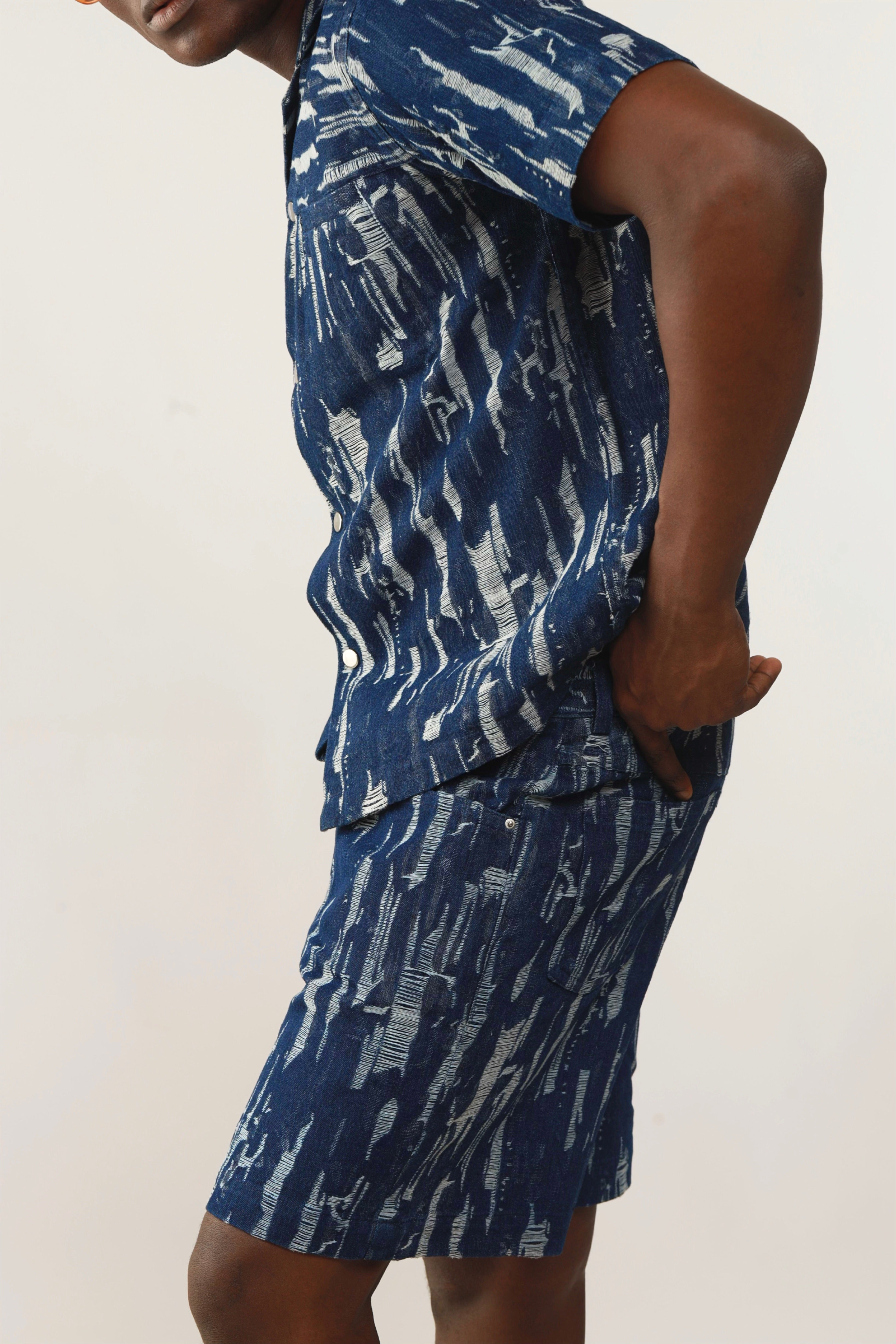Cairo Distressed Denim Cuban Shirt & Short/Jort (Two-Piece Set)-10