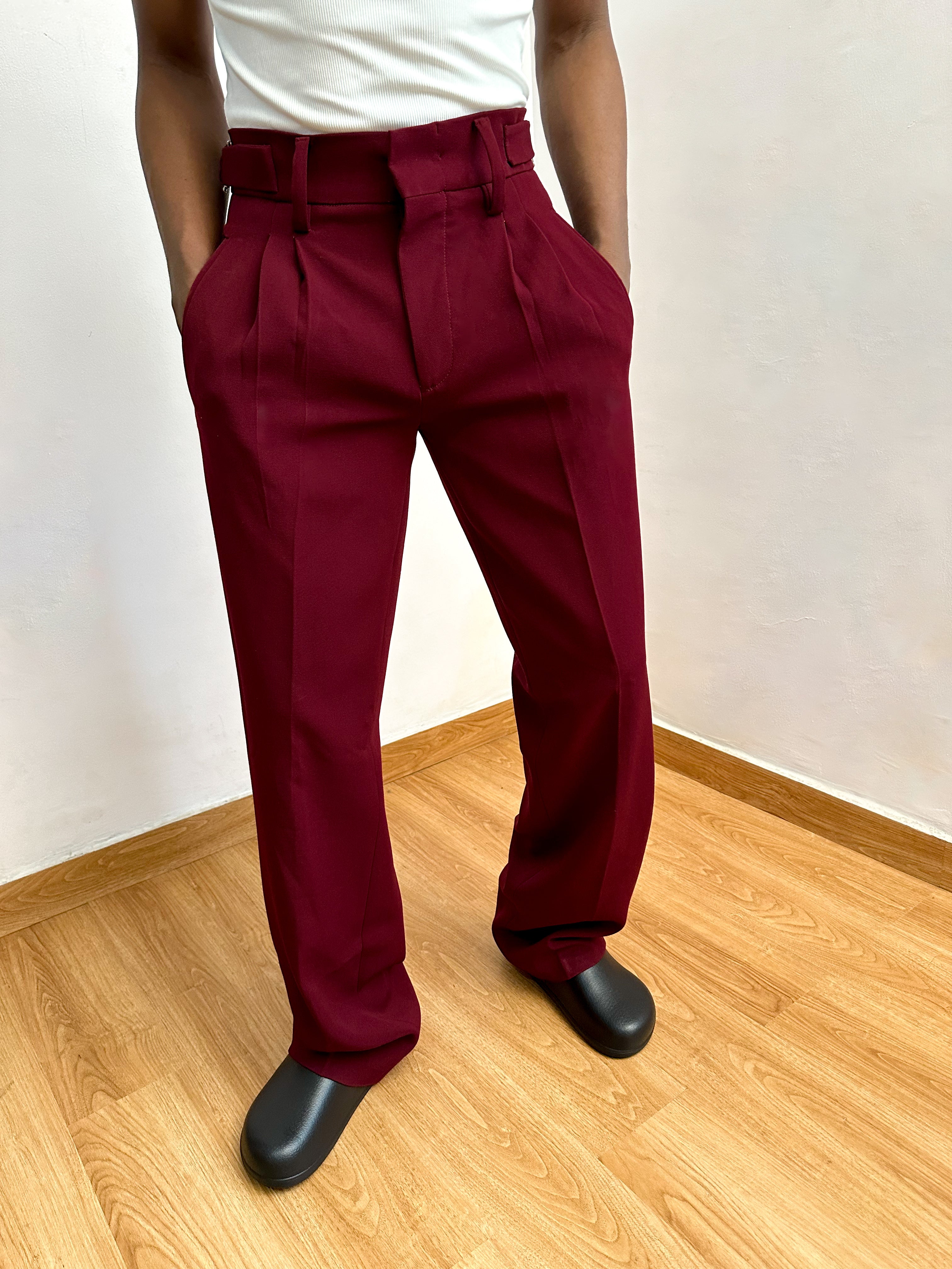 Celia Oxford Pleats Baggy Trouser - Burgundy-1