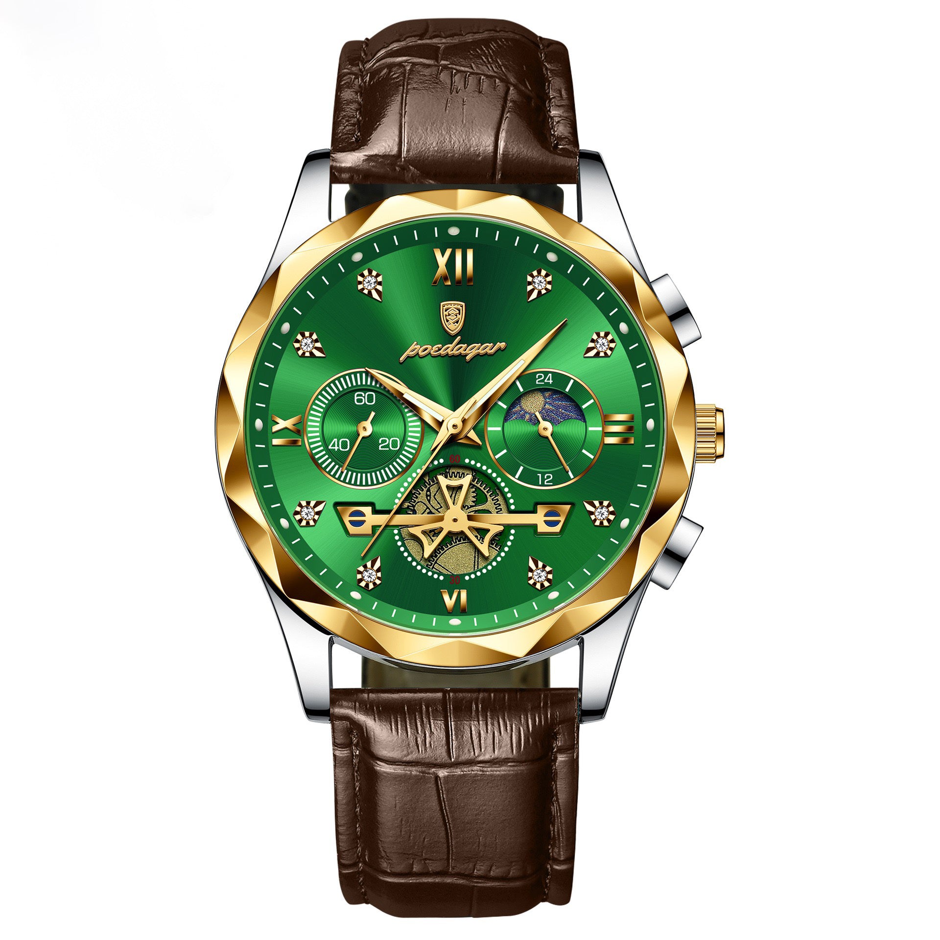 Andrew Chronograph Leather Strap Wristwatch - Brown/Green/Gold