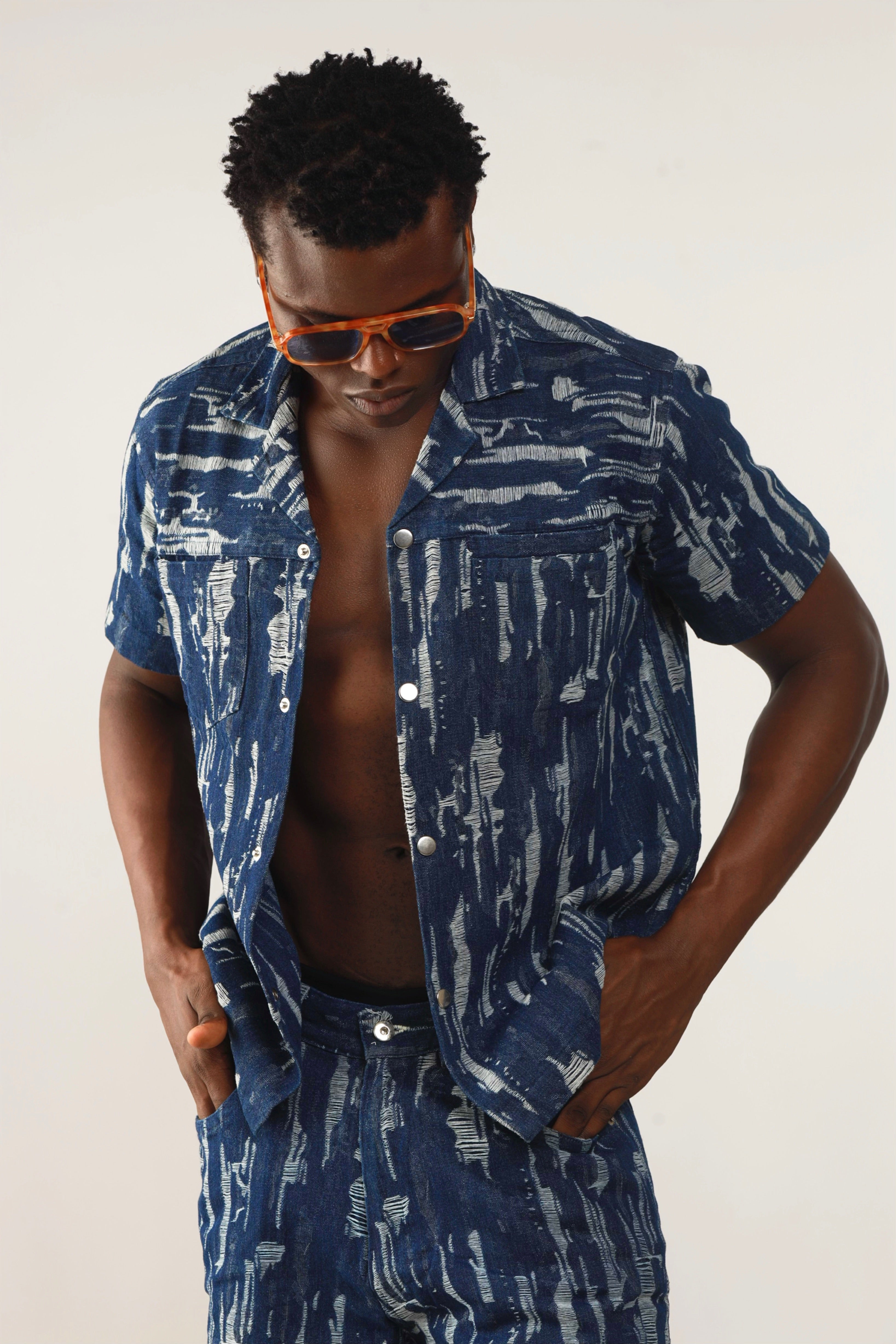 Cairo Distressed Denim Cuban Shirt & Short/Jort (Two-Piece Set)