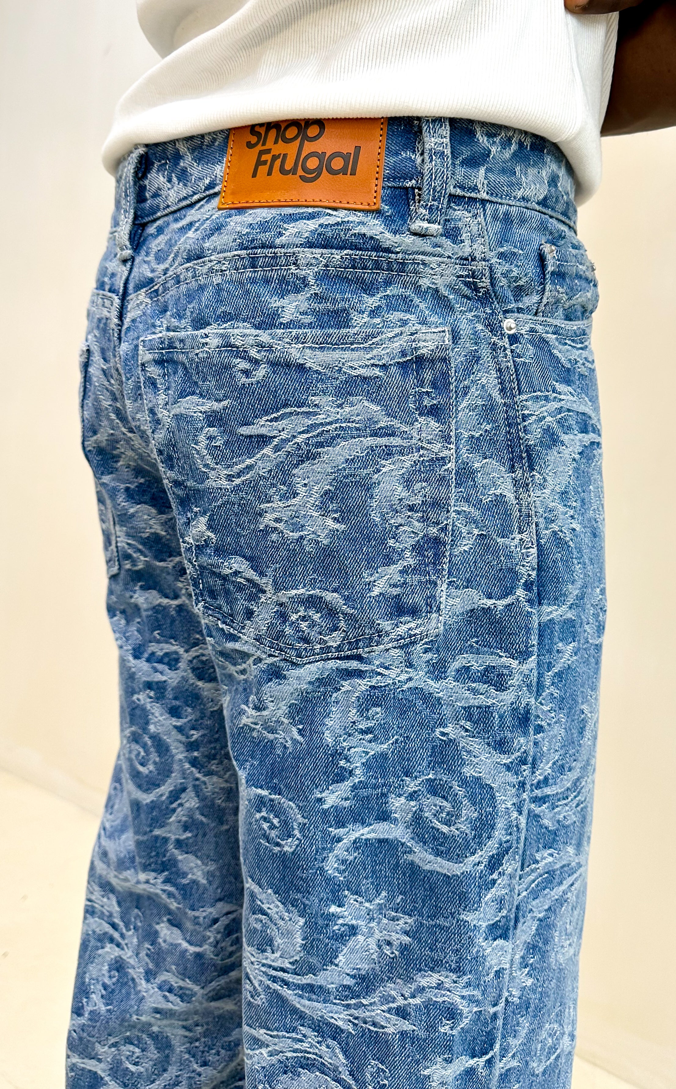 Ciela Jacquard Relaxed Flared Raw Hem Jeans