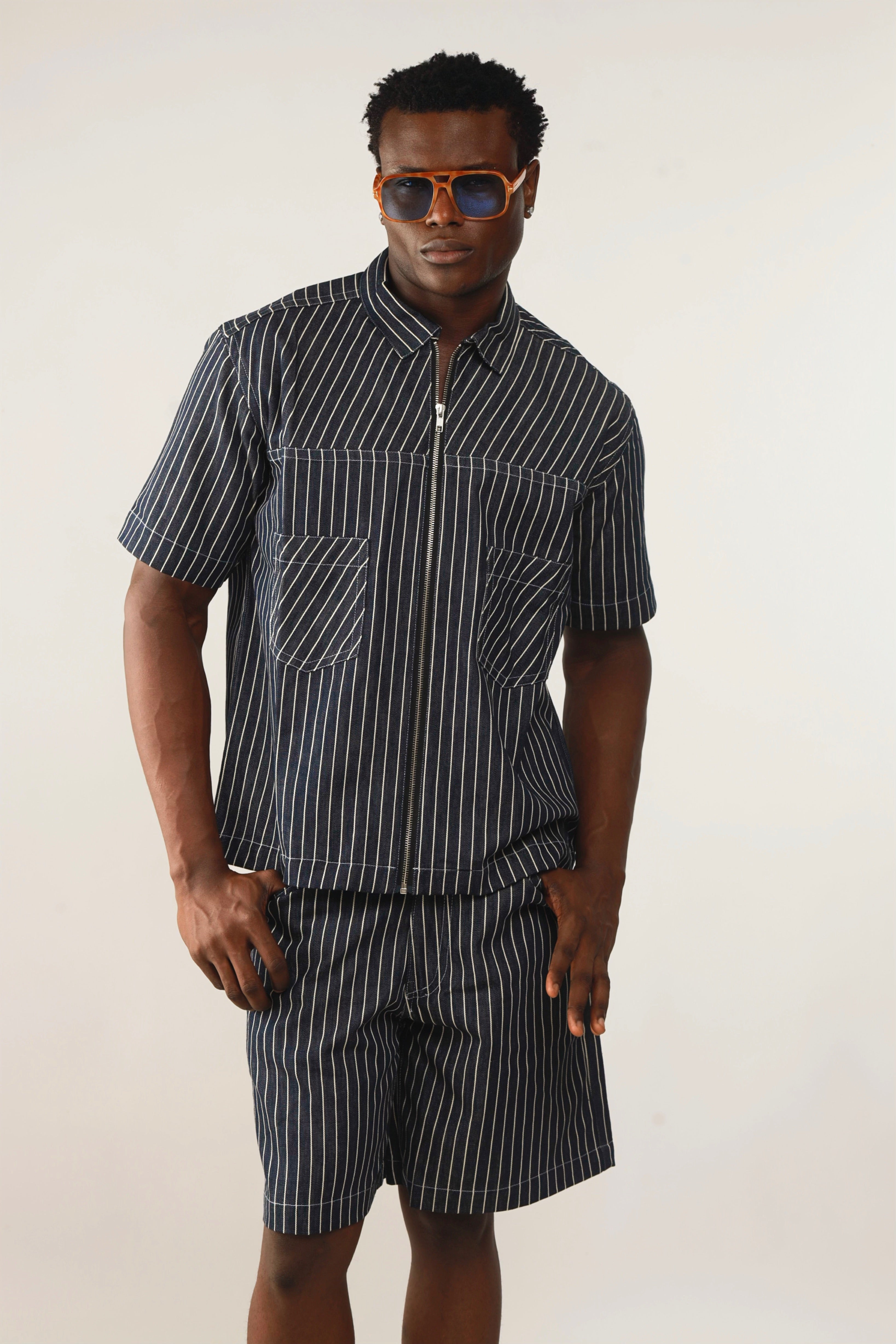 Claire Stripe Denim Zipper Shirt Jacket