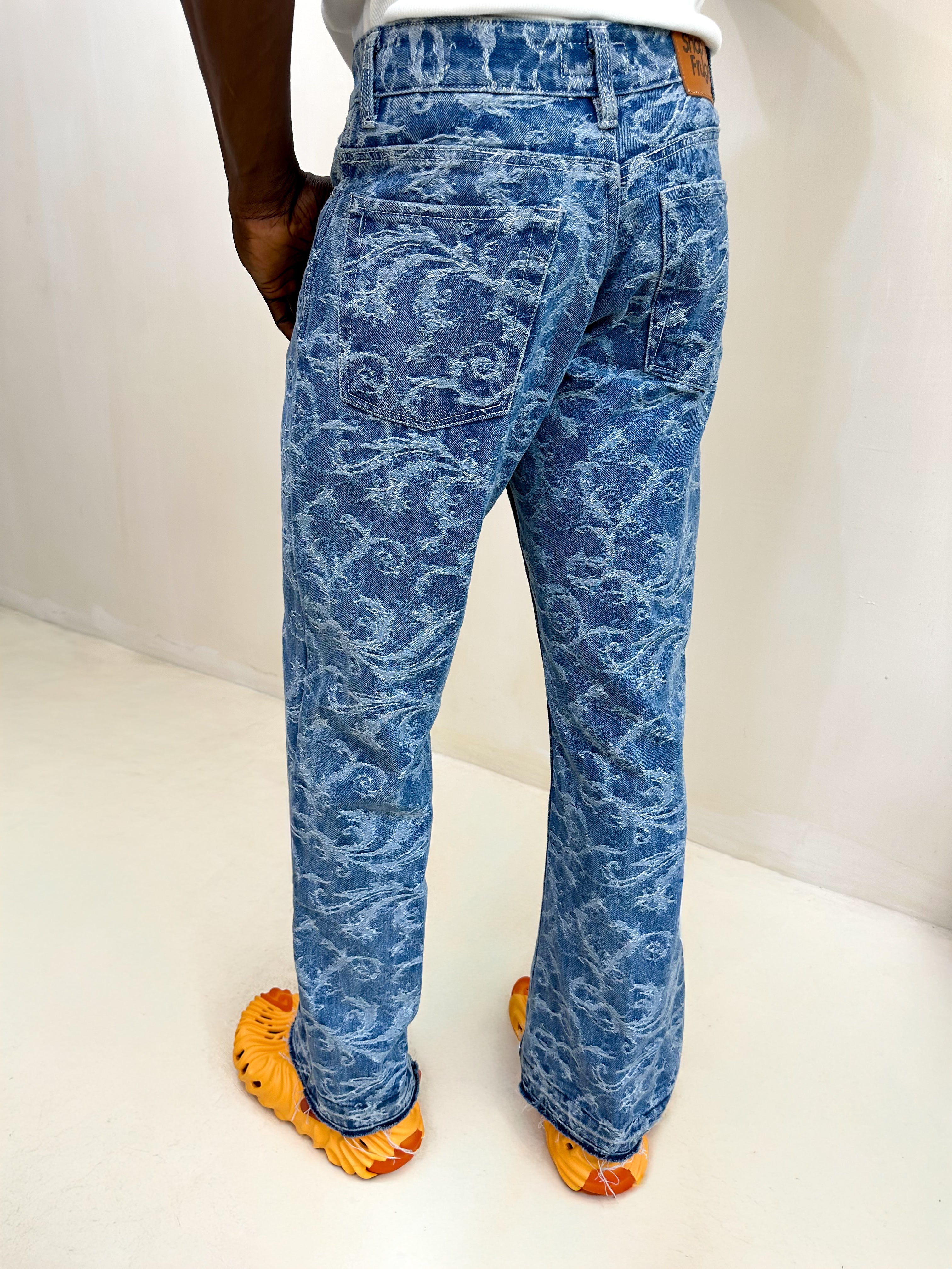 Ciela Jacquard Relaxed Flared Raw Hem Jeans