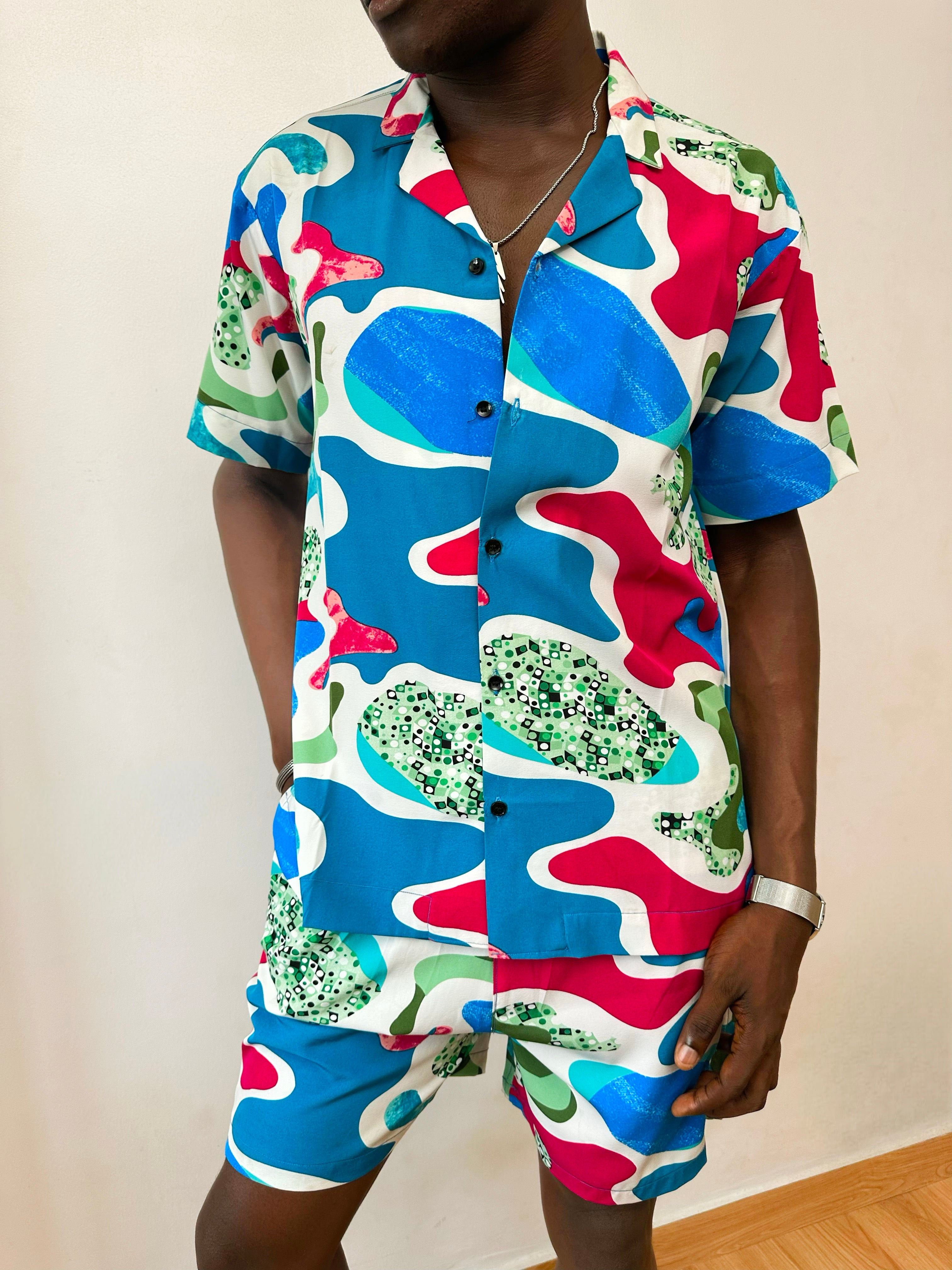 Cortez Relaxed Abstract Print Two-Piece Set (Cuban Shirt & Short)