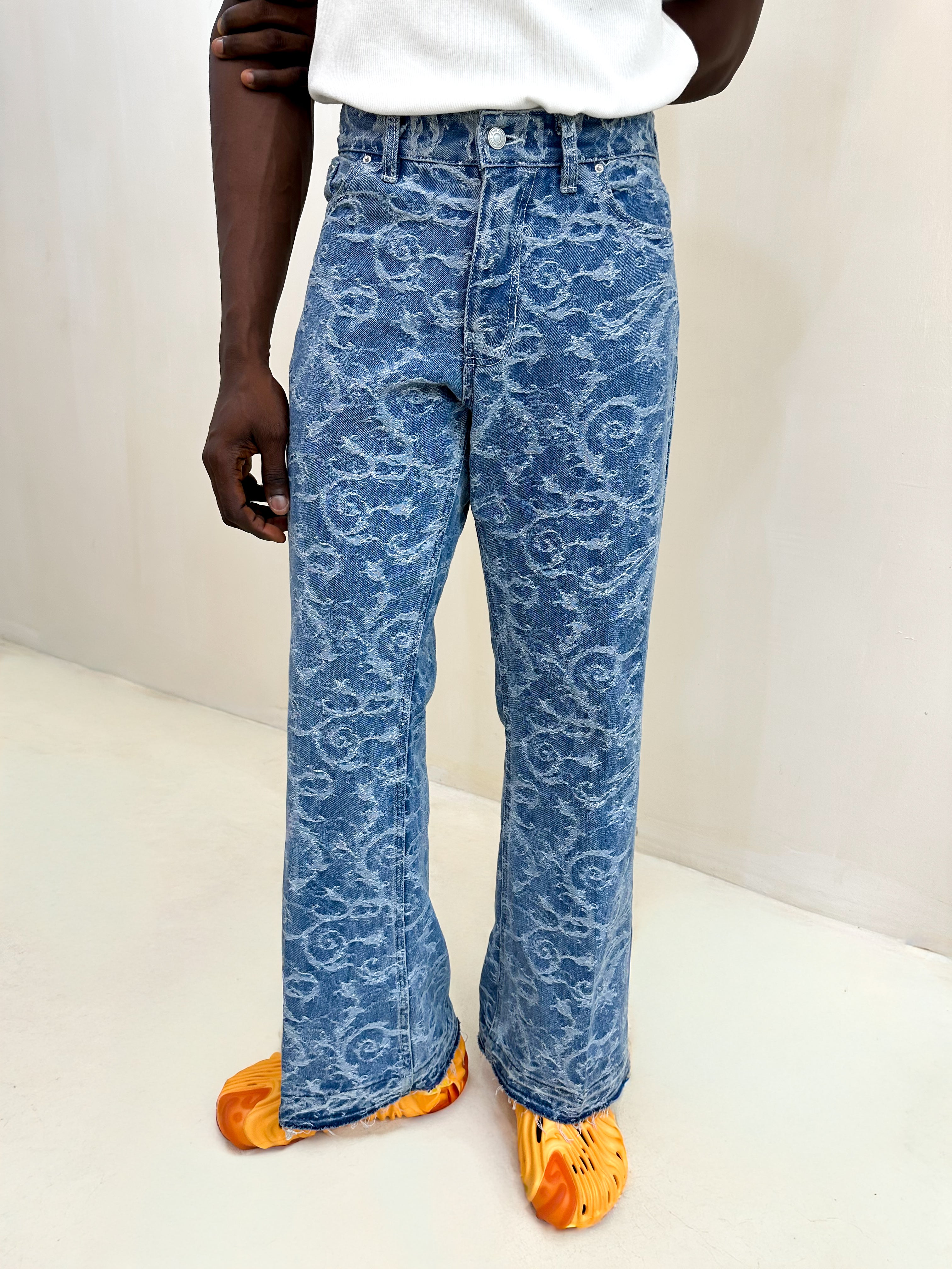 Ciela Jacquard Relaxed Flared Raw Hem Jeans