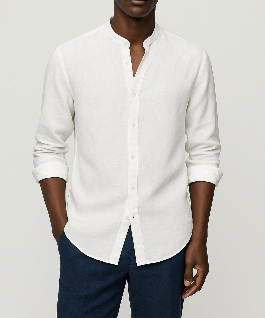 Cairo Linen Blend Mandarin Collar Shirt - White