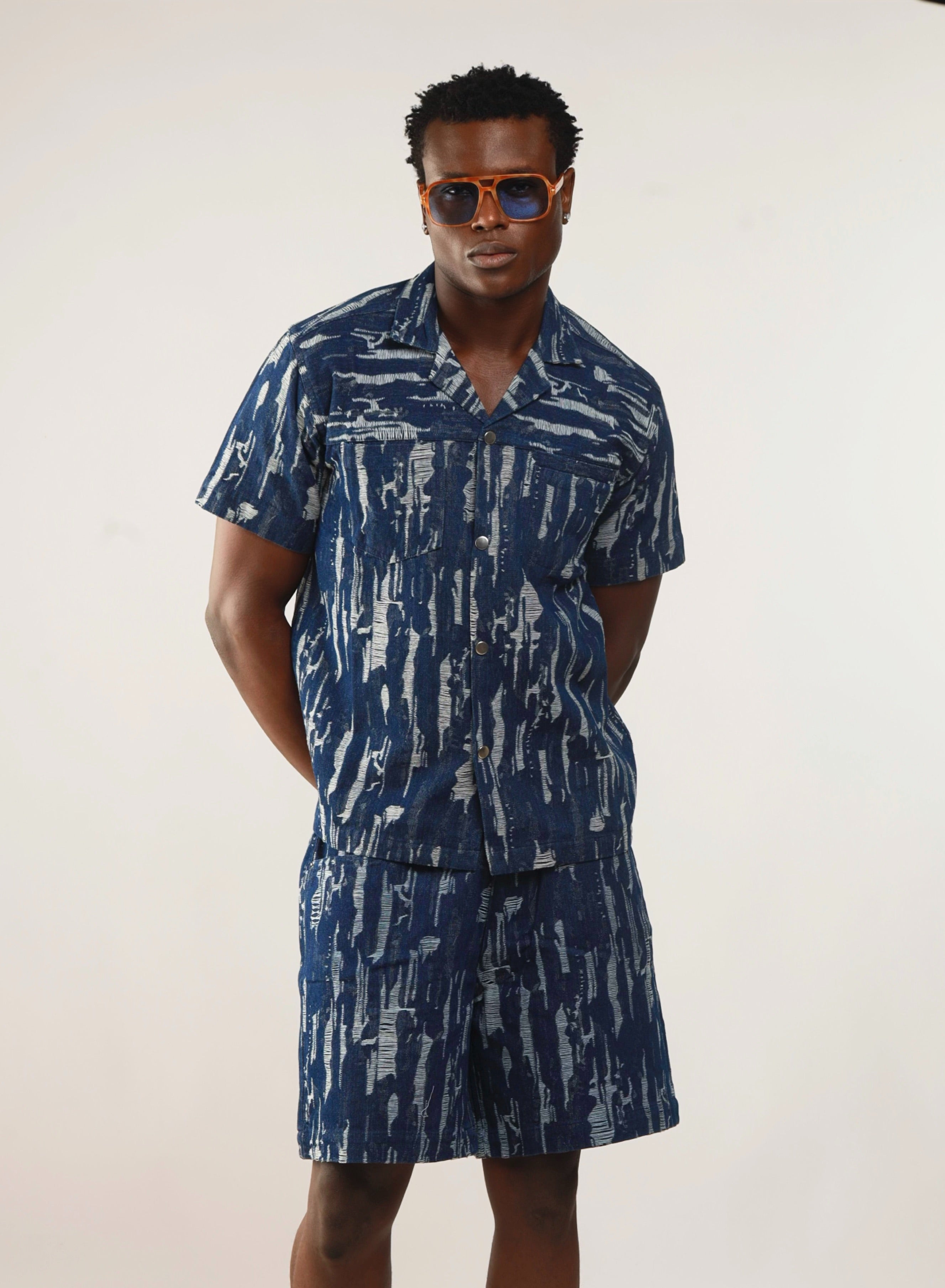 Cairo Distressed Denim Cuban Shirt & Short/Jort (Two-Piece Set)-19