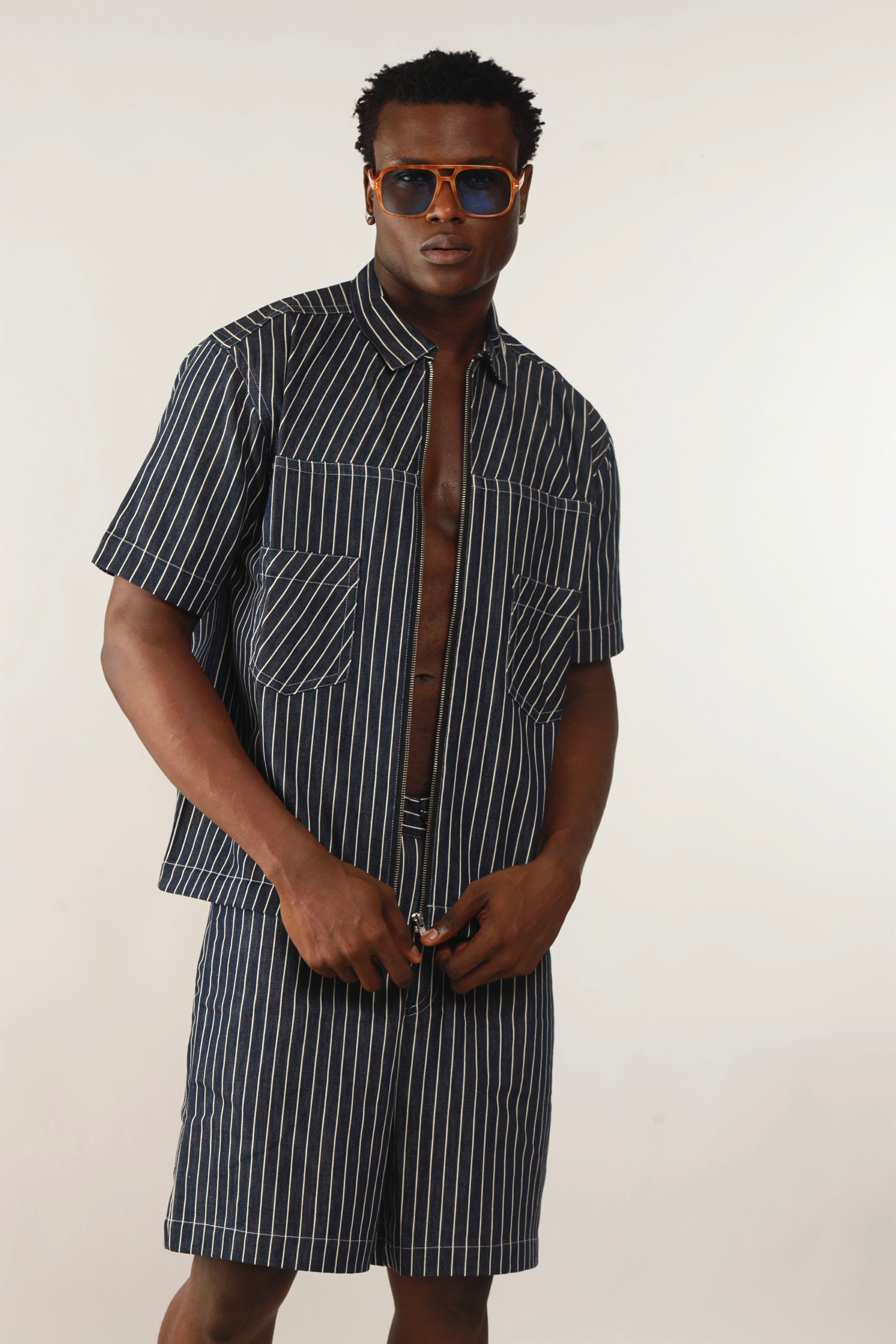 Claire Stripe Denim Zipper Shirt Jacket