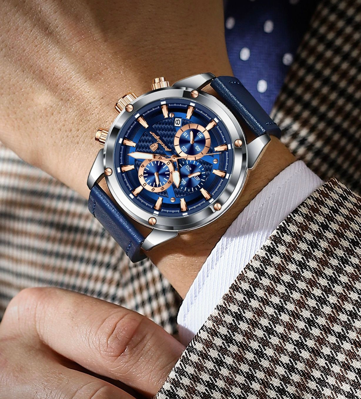 Azriel Chronograph Leather Strap Wristwatch - Blue