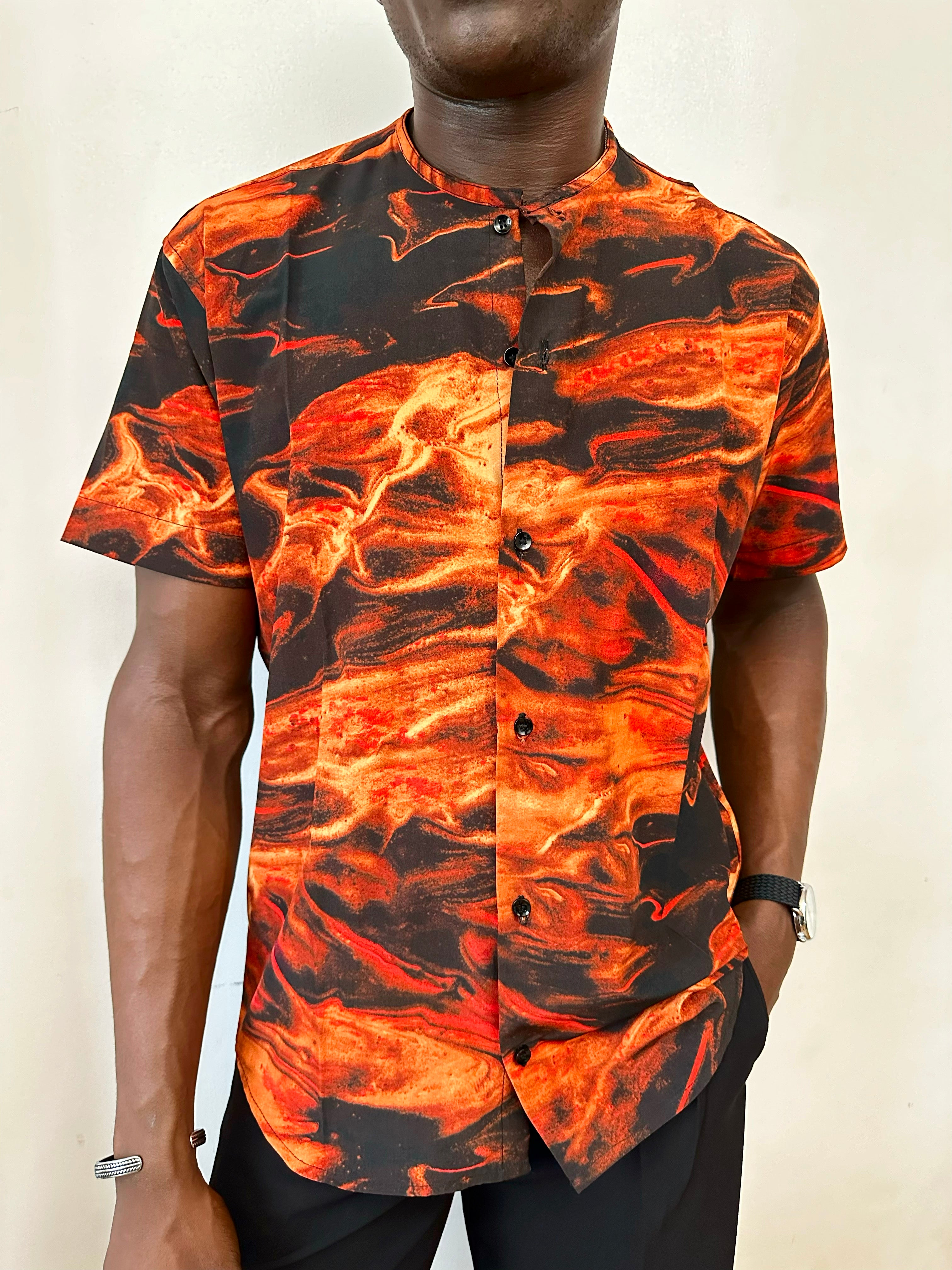 Caily Relaxed Flames Print Mandarin Collar Shirt-3