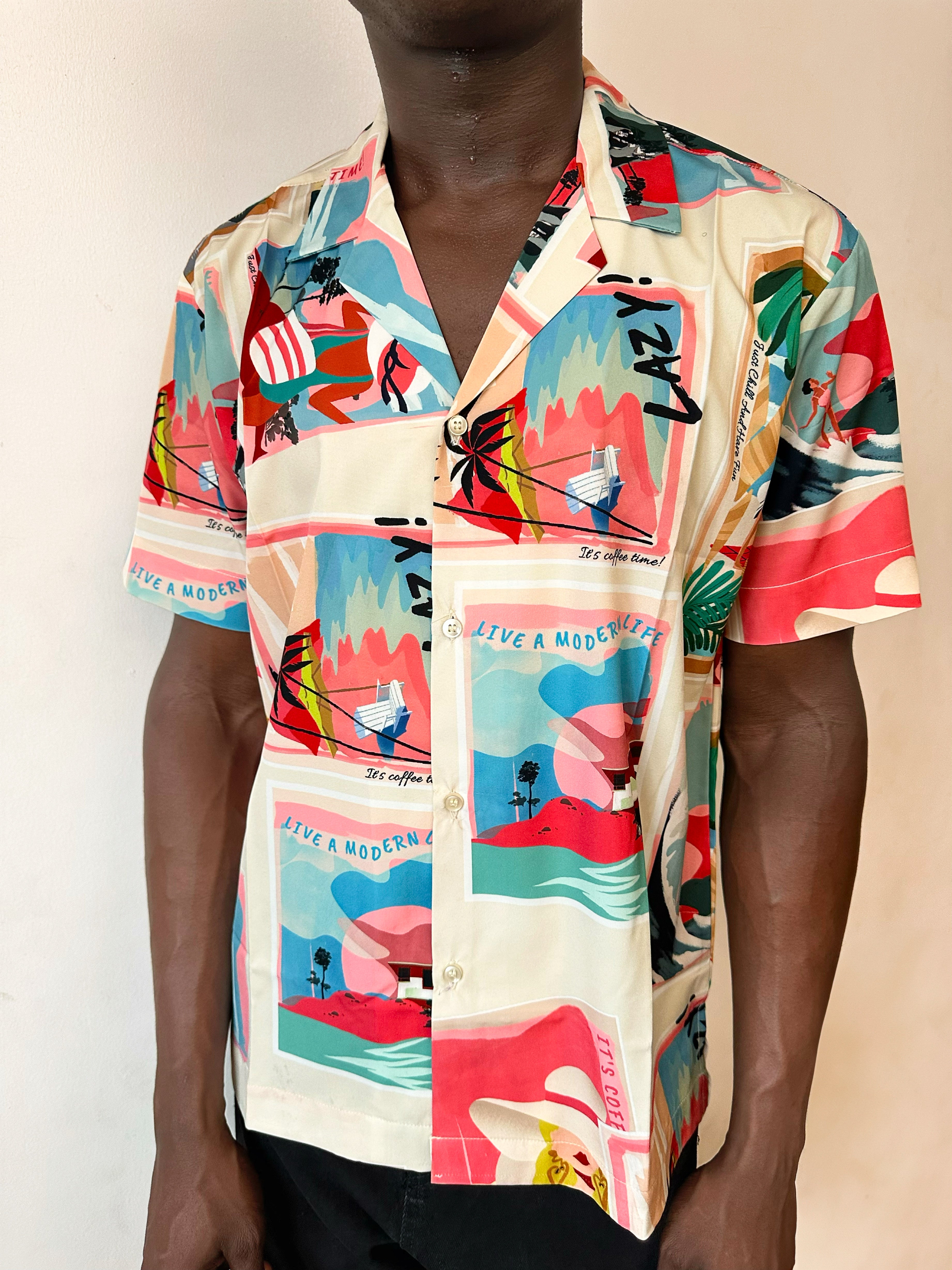 Carly Relaxed Abstract Beach Print Cuban Shirt