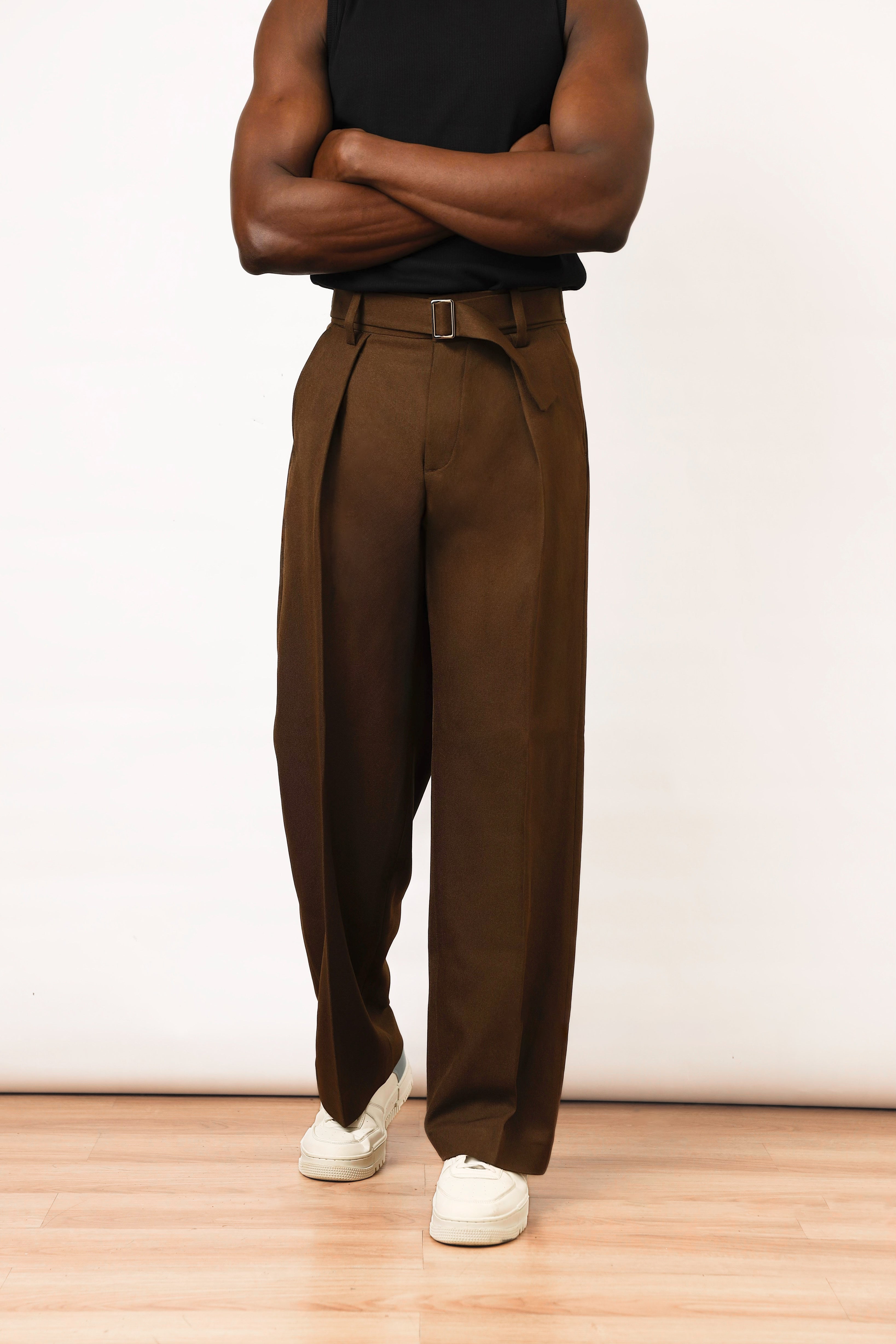 Casey Oxford Pleated Trouser - Mocha Brown