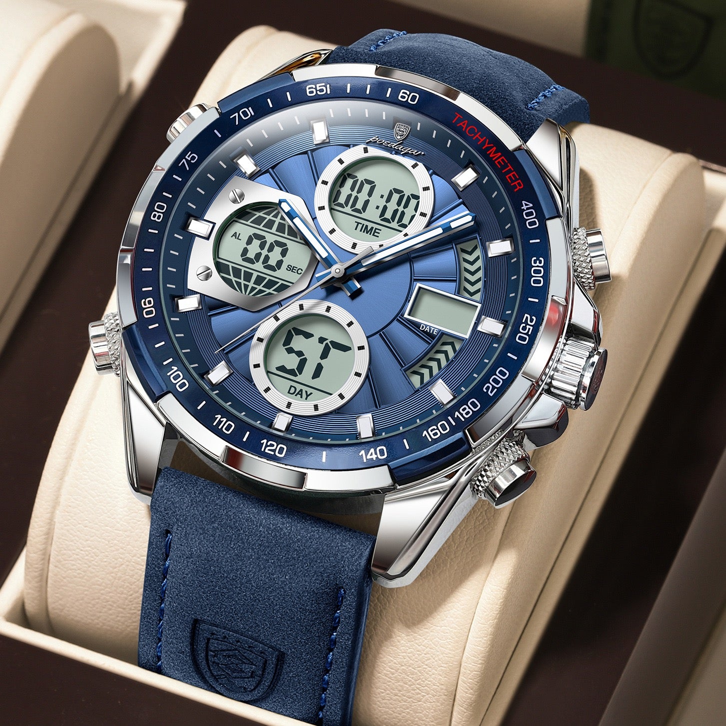 Antoine Chronograph Leather Strap Wristwatch - Blue