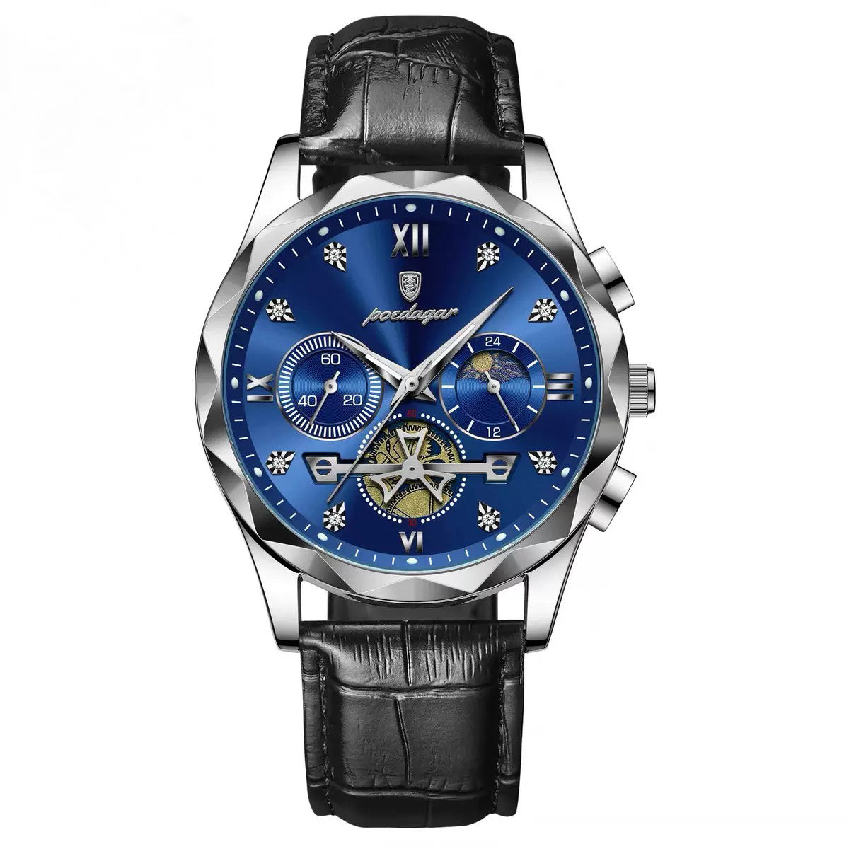Andrew Chronograph Leather Strap Wristwatch - Black/Silver/Blue
