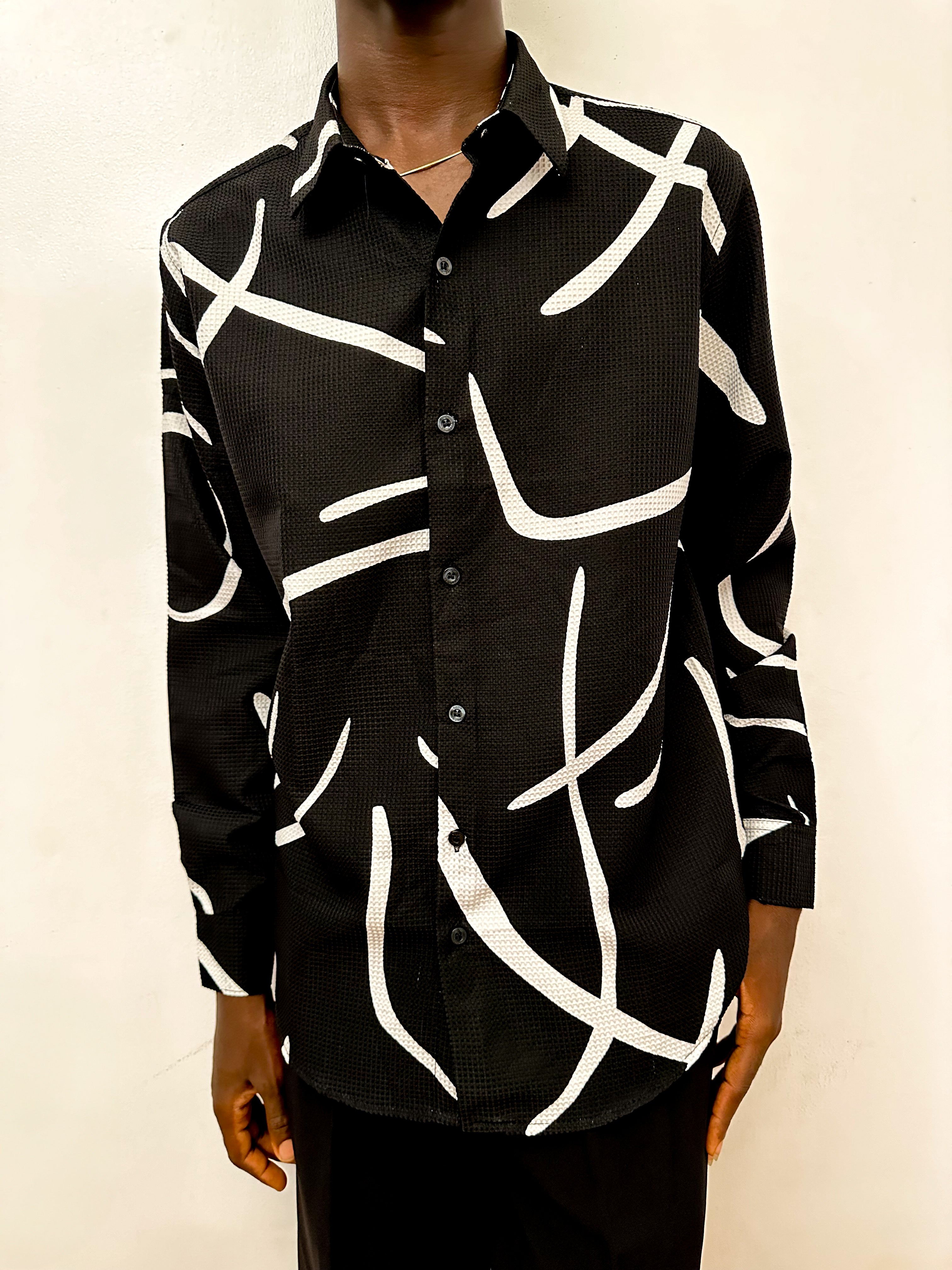 Cedric Doodle Waffle Print Longsleeve Shirt - Black