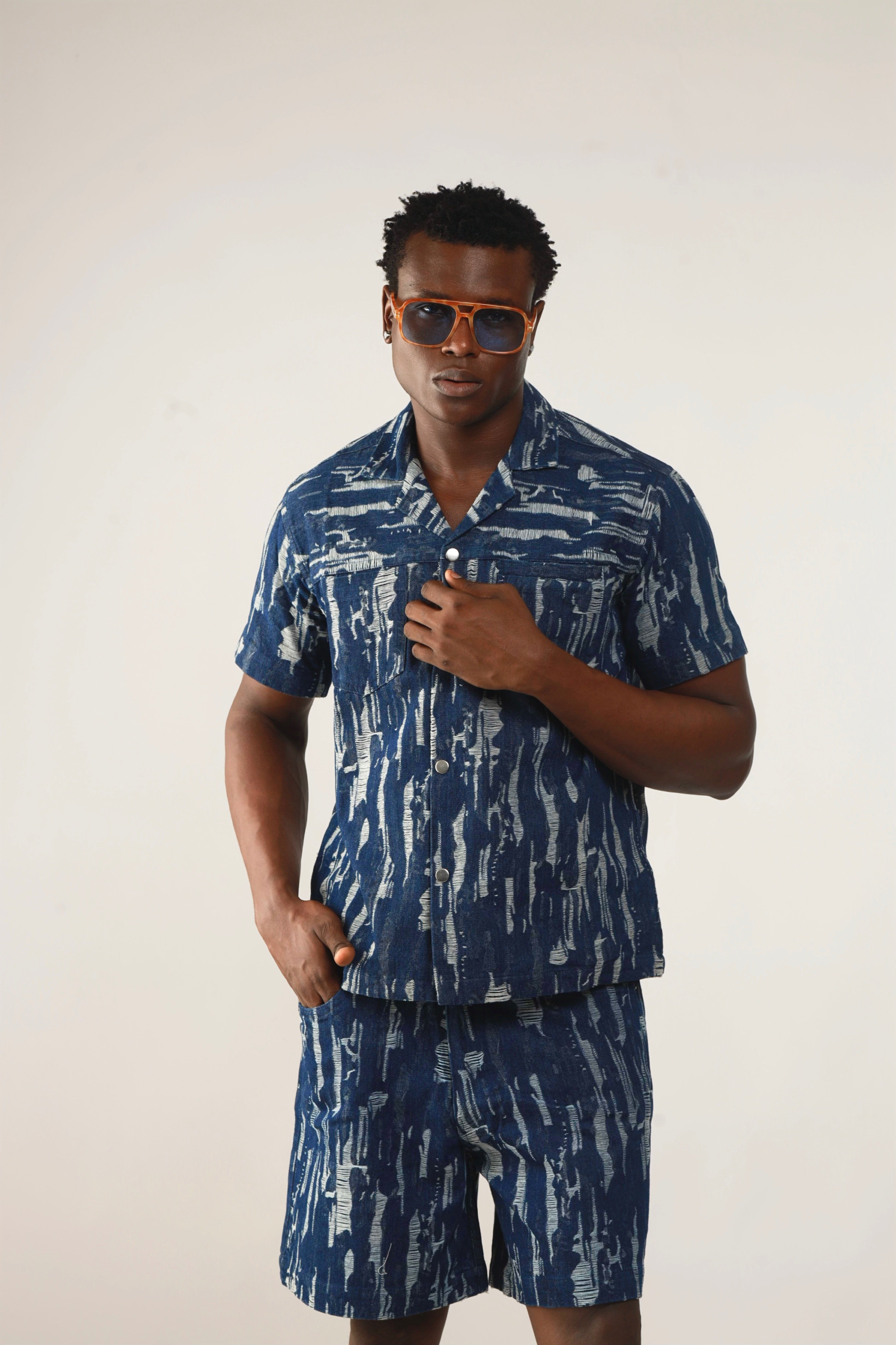 Cairo Distressed Denim Cuban Shirt & Short/Jort (Two-Piece Set)-23
