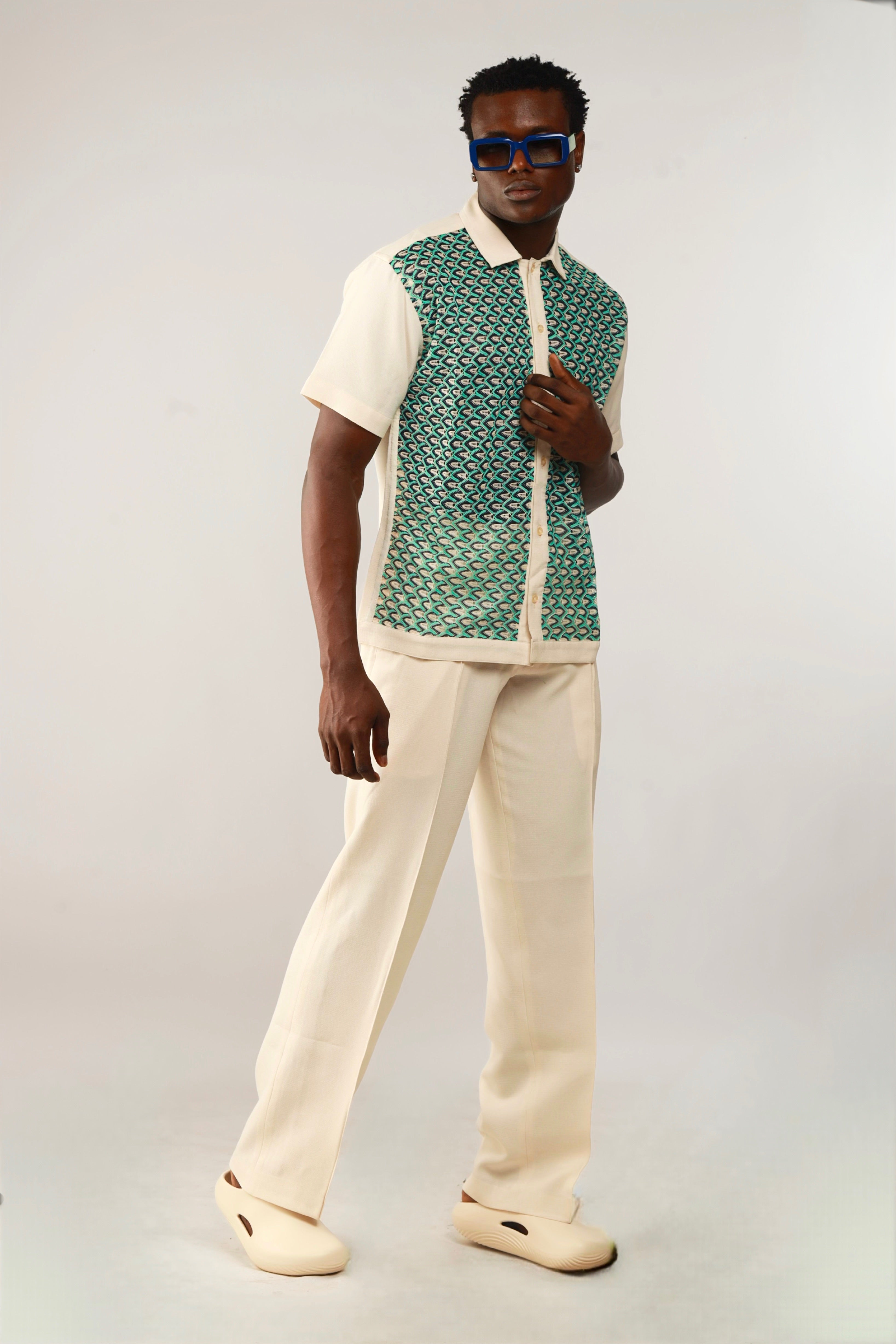 Cleo Resort Lace Print Shirt - Oatmeal/Green