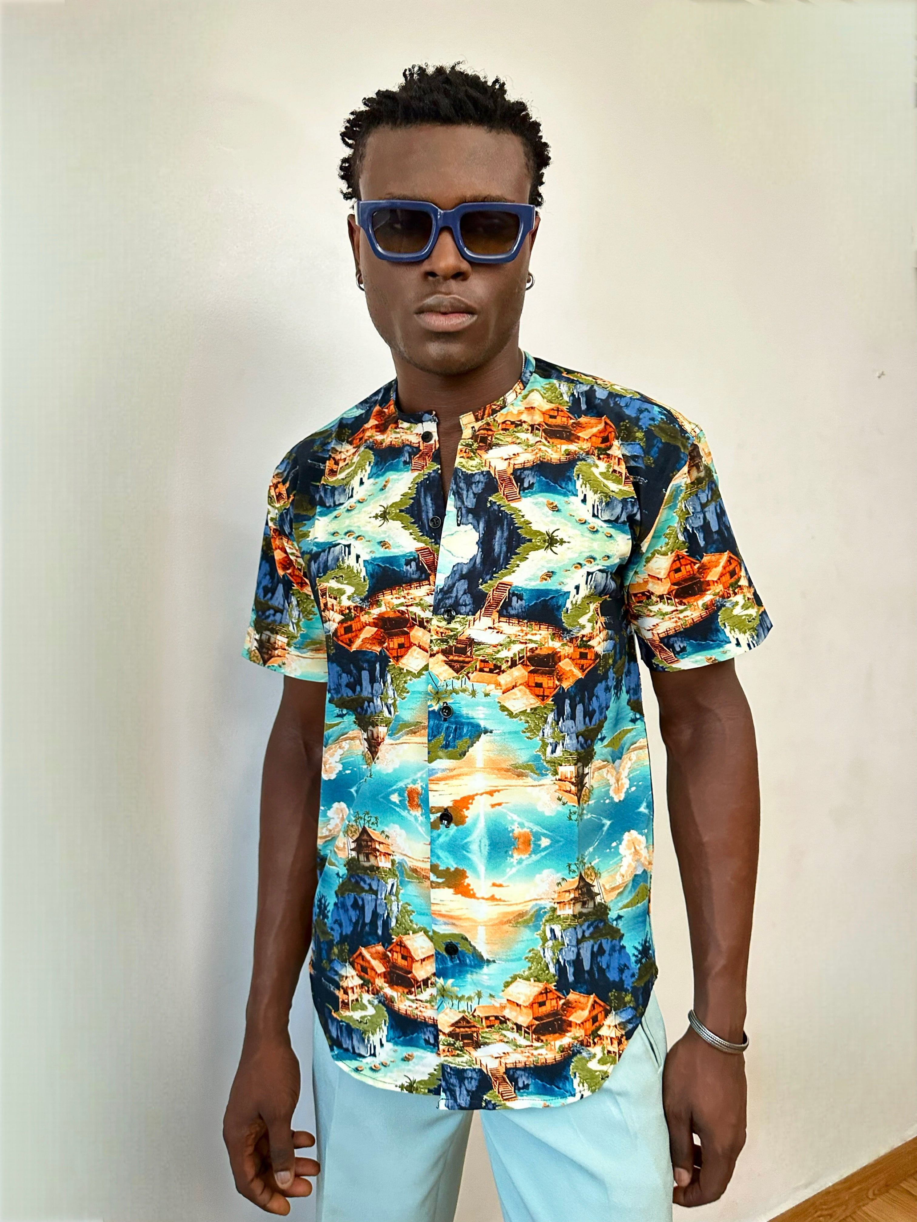 Castiel Relaxed Jungle Print Mandarin Collar Shirt