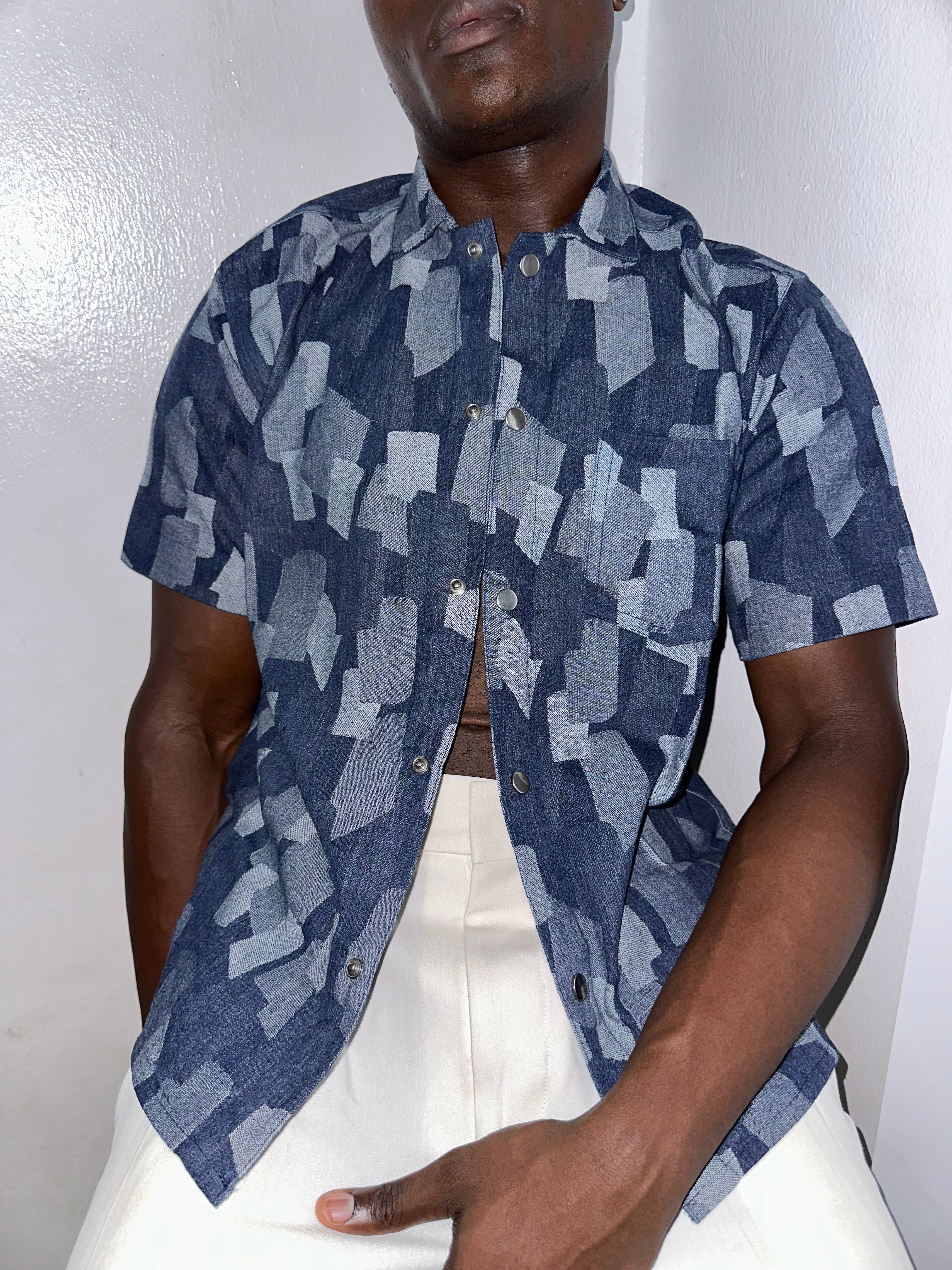 Callum Block Print Denim Cropped Overshirt