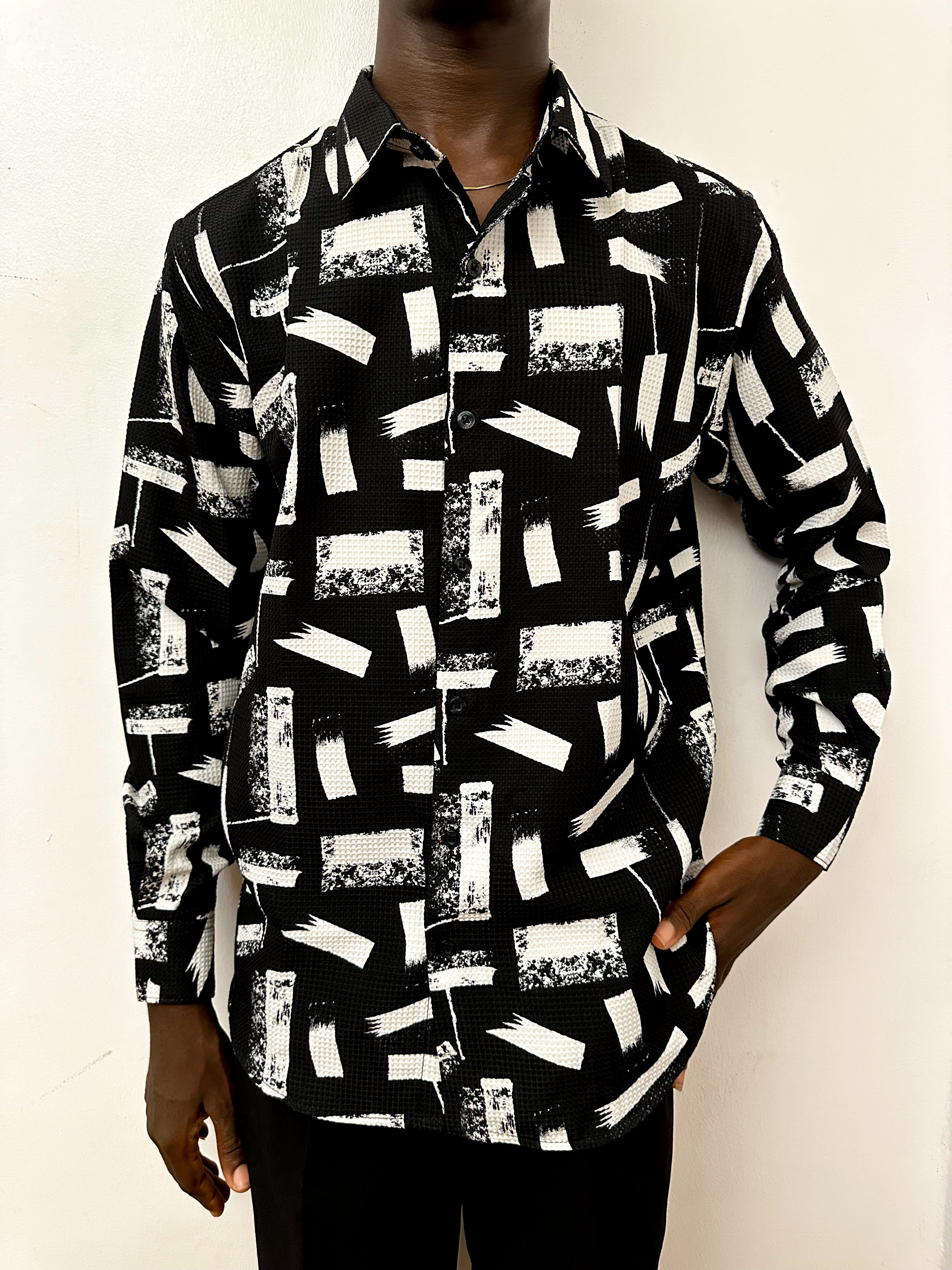 Cauis Stroke Waffle Print Longsleeve Shirt - Black-6