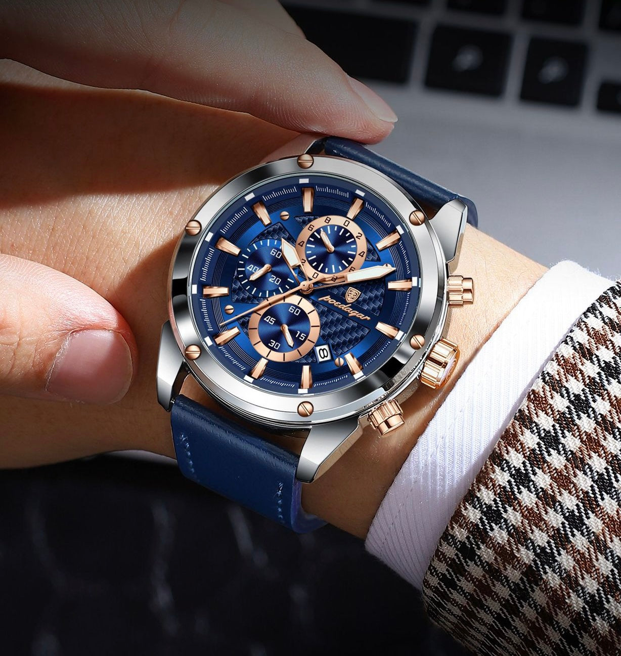 Azriel Chronograph Leather Strap Wristwatch - Blue