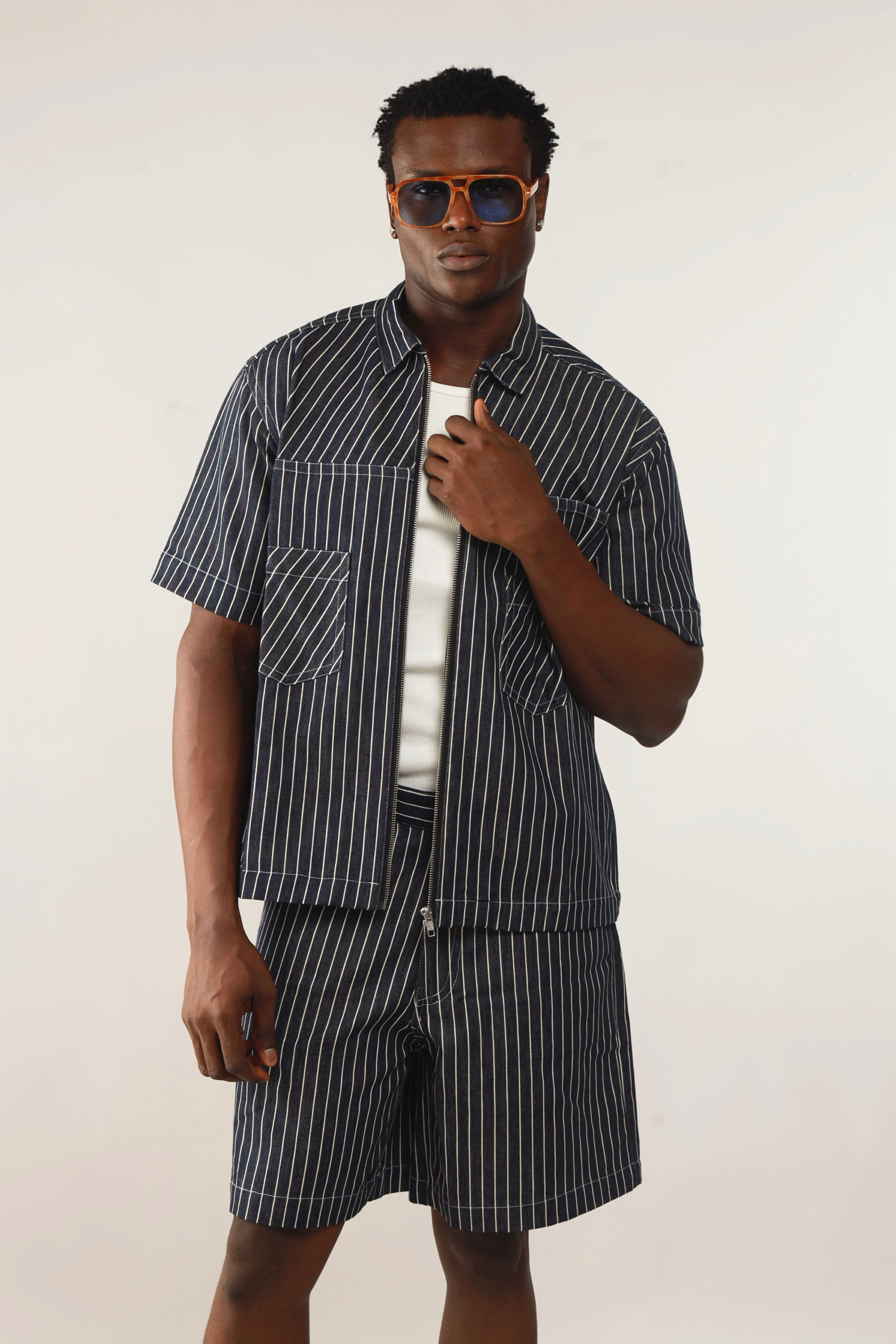 Claire Stripe Denim Zipper Shirt Jacket