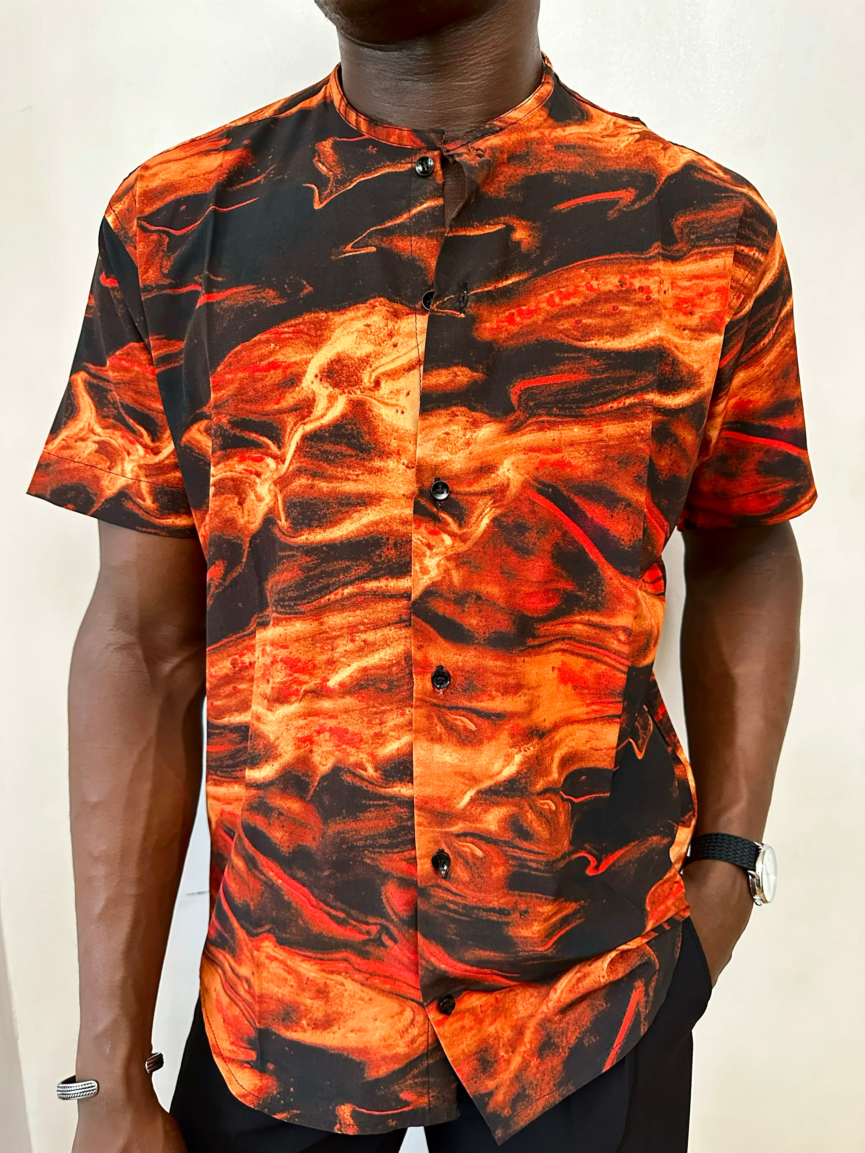 Caily Relaxed Flames Print Mandarin Collar Shirt-5