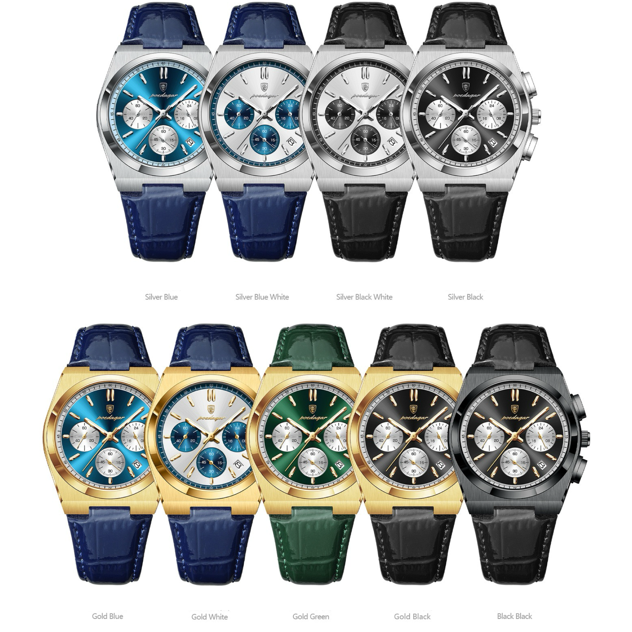 Anthony Chronograph Leather Strap Wristwatch - Gold/Silver/Blue-13