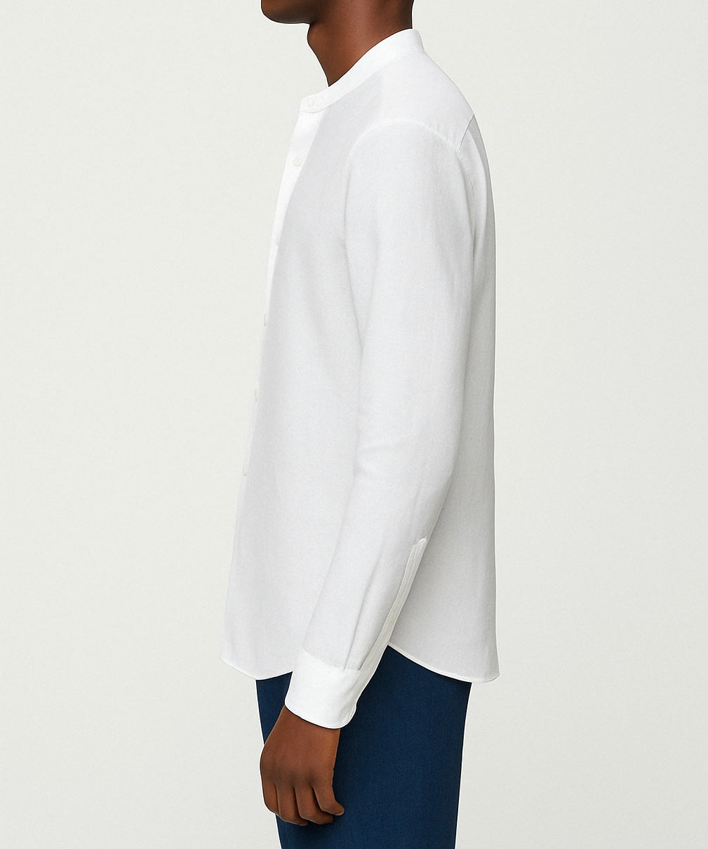 Cairo Linen Blend Mandarin Collar Shirt - White-4