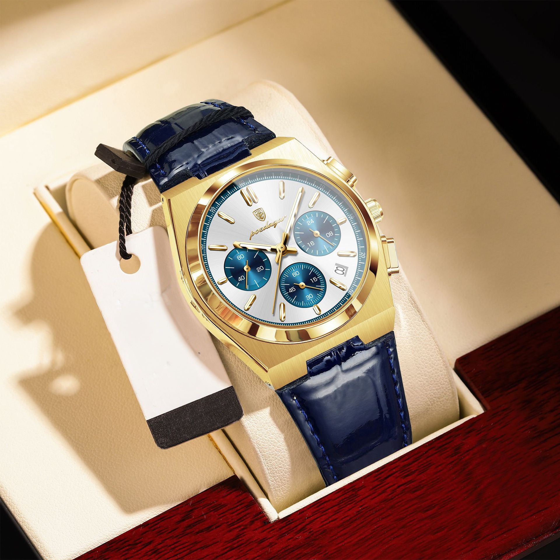 Anthony Chronograph Leather Strap Wristwatch - Gold/Silver/Blue