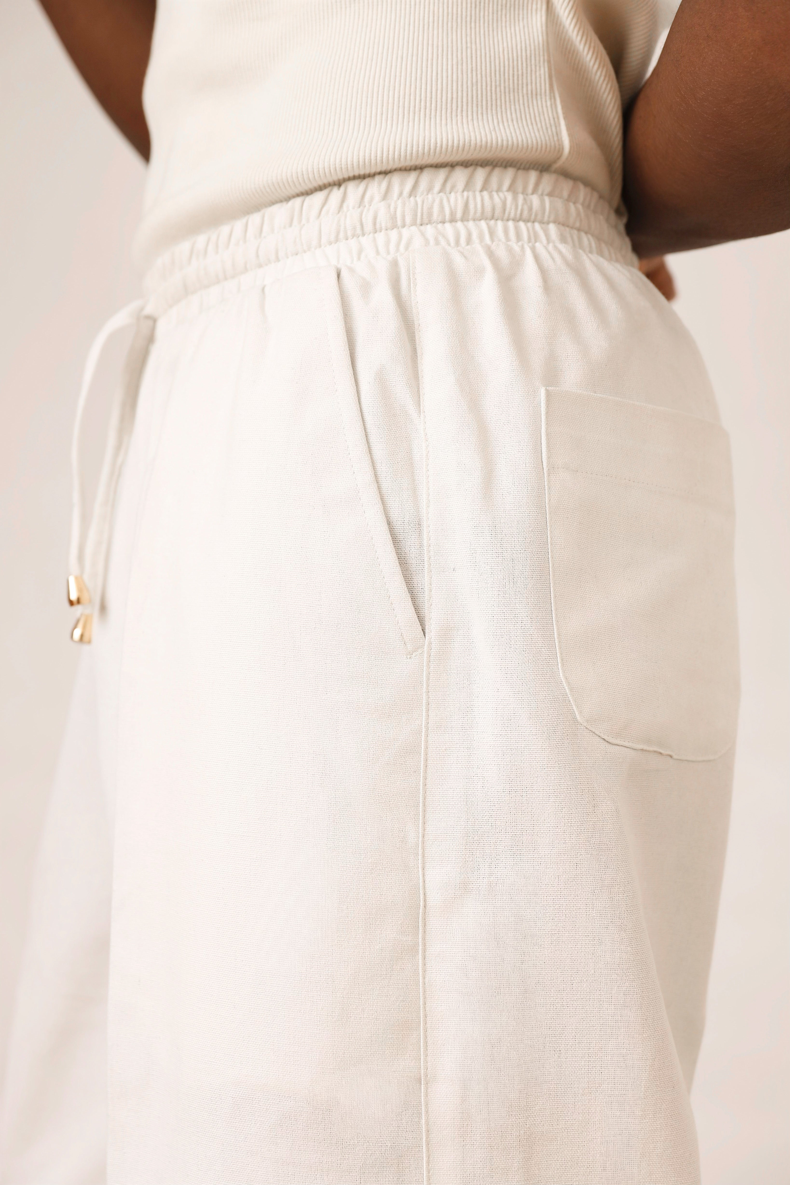 Cairo Linen Blend Baggy Drawstring Pants - White