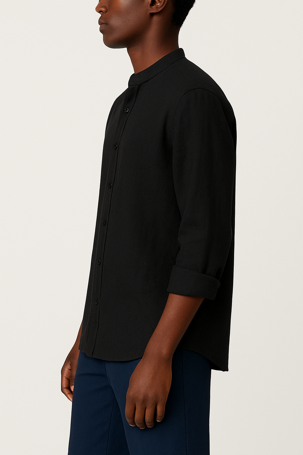 Cairo Linen Blend Mandarin Collar Shirt - Black