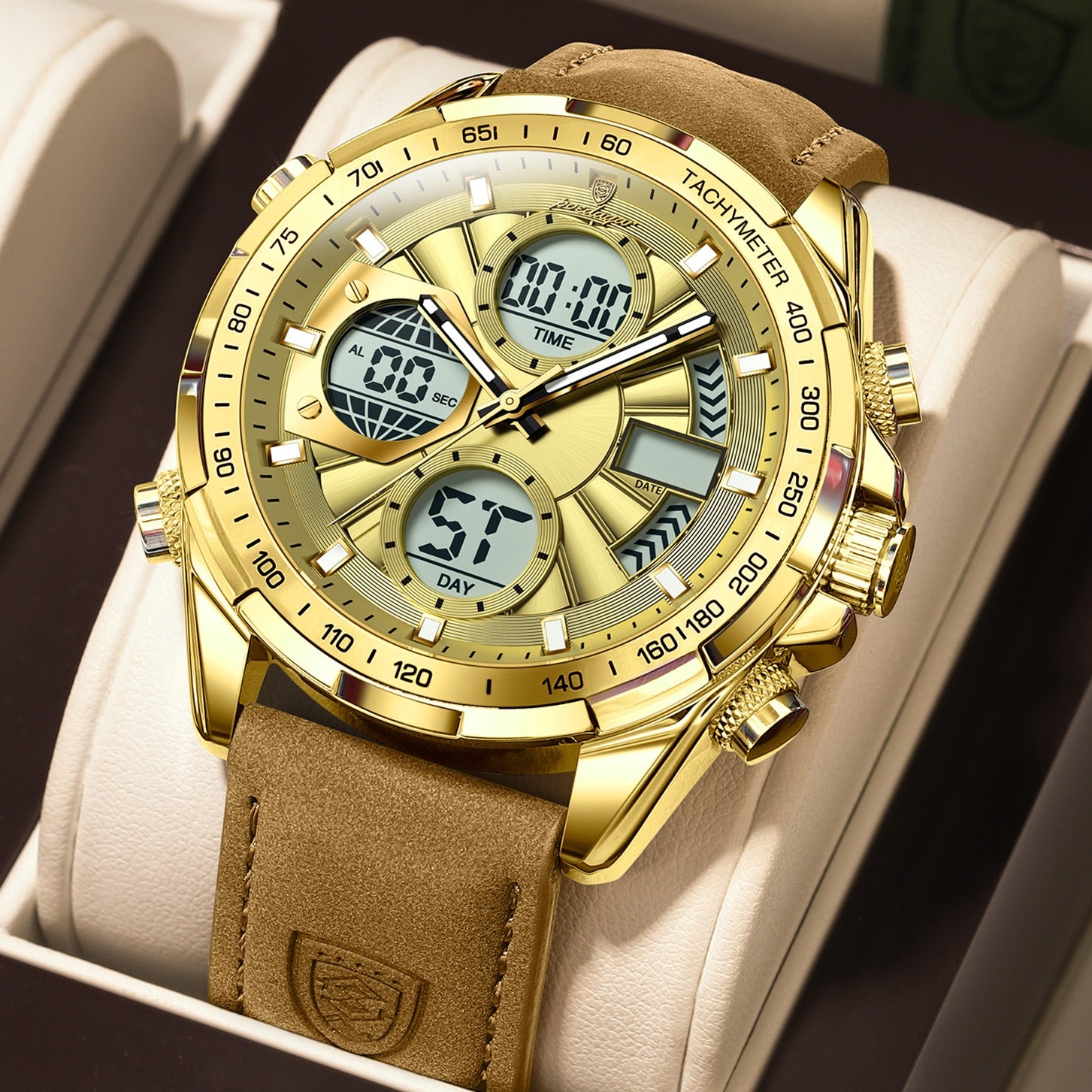 Antoine Chronograph Leather Strap Wristwatch - Gold/Khaki