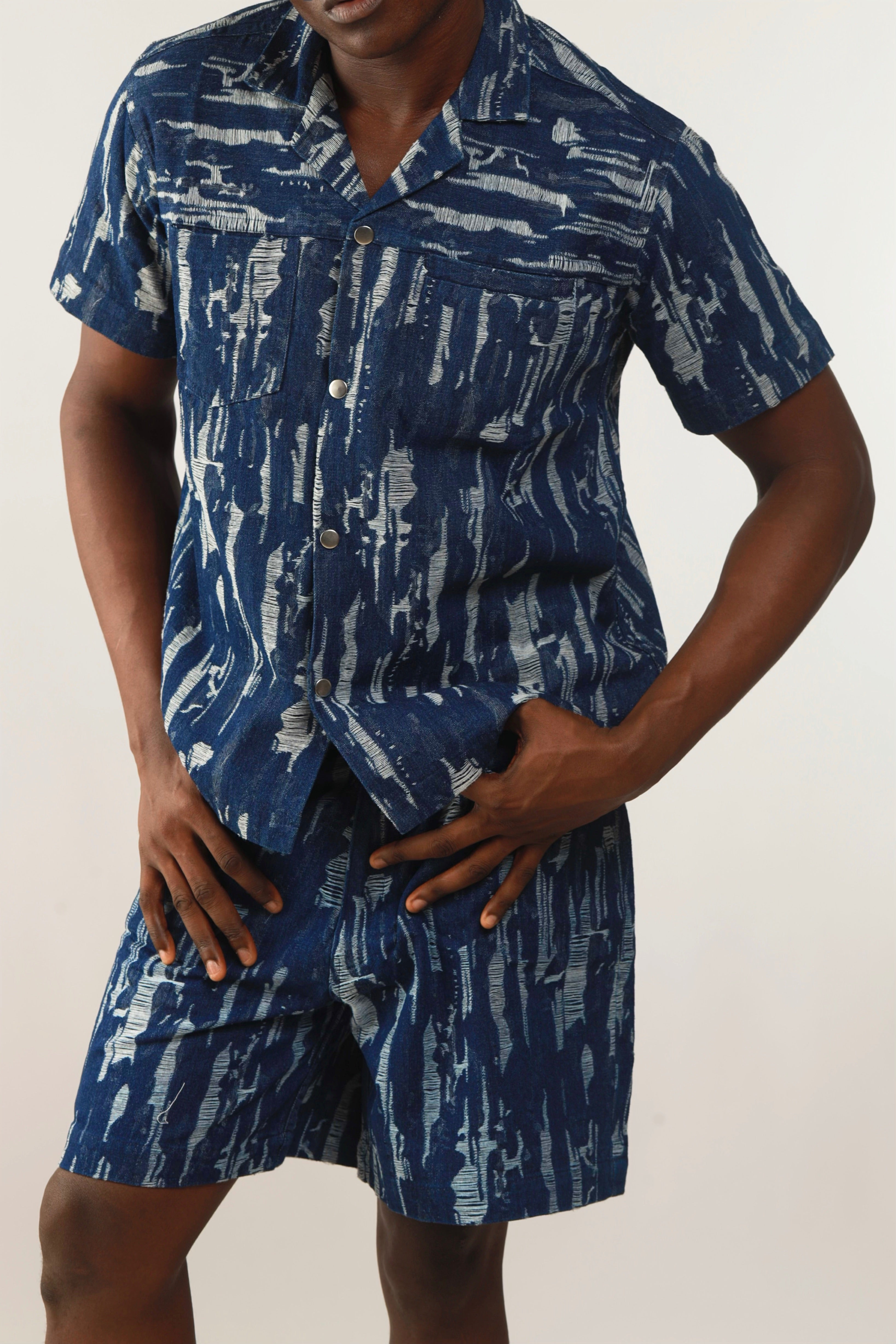 Cairo Distressed Denim Cuban Shirt & Short/Jort (Two-Piece Set)-21
